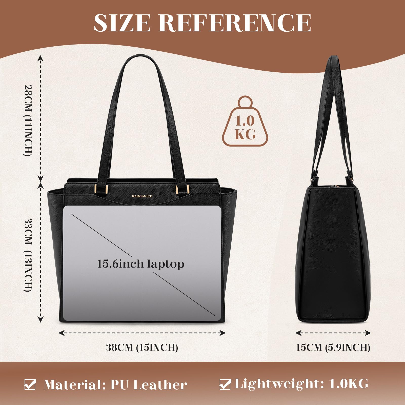 RAINSMORE Handtasche Damen Groß Shopper Tasche Damen Wasserdichte Laptoptasche 14 Zoll PU Leder Tote Bag mit Reißverschluss Innentasche Arbeitstasche Schultertaschen Henkeltasche
