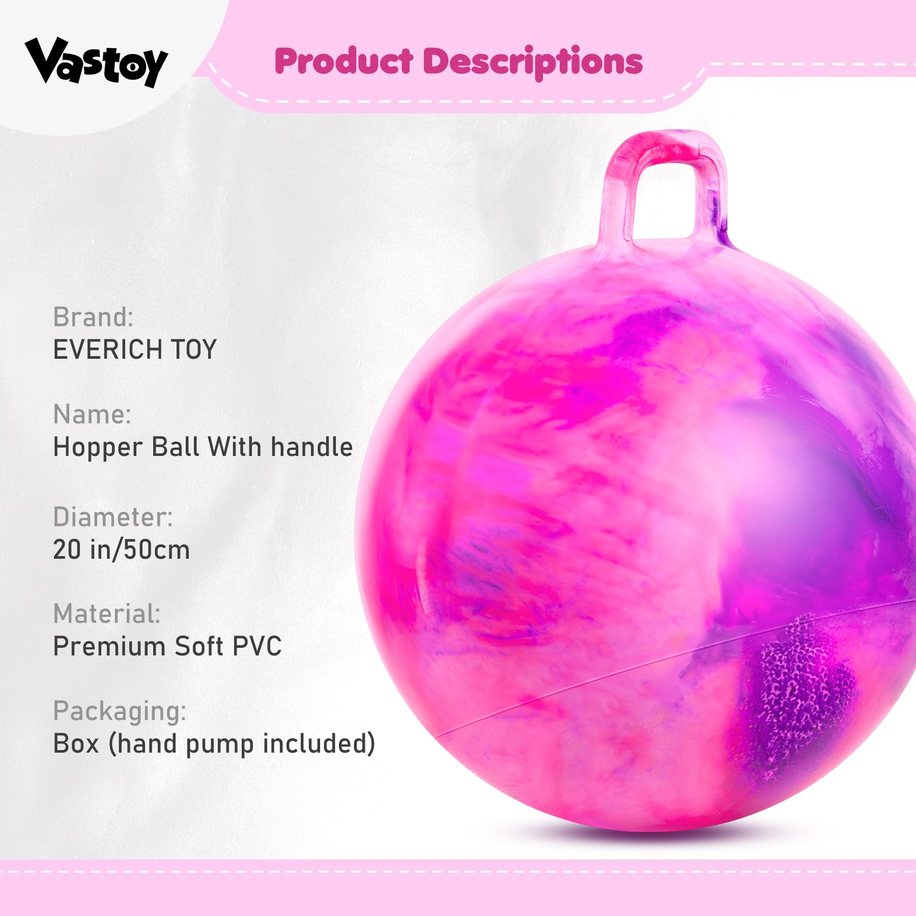 Vastoy 20 Inch Space Hopper Ball for Kids 6-9 Years, Anti-Slip Space Hopper with Hand Pump - Image 2