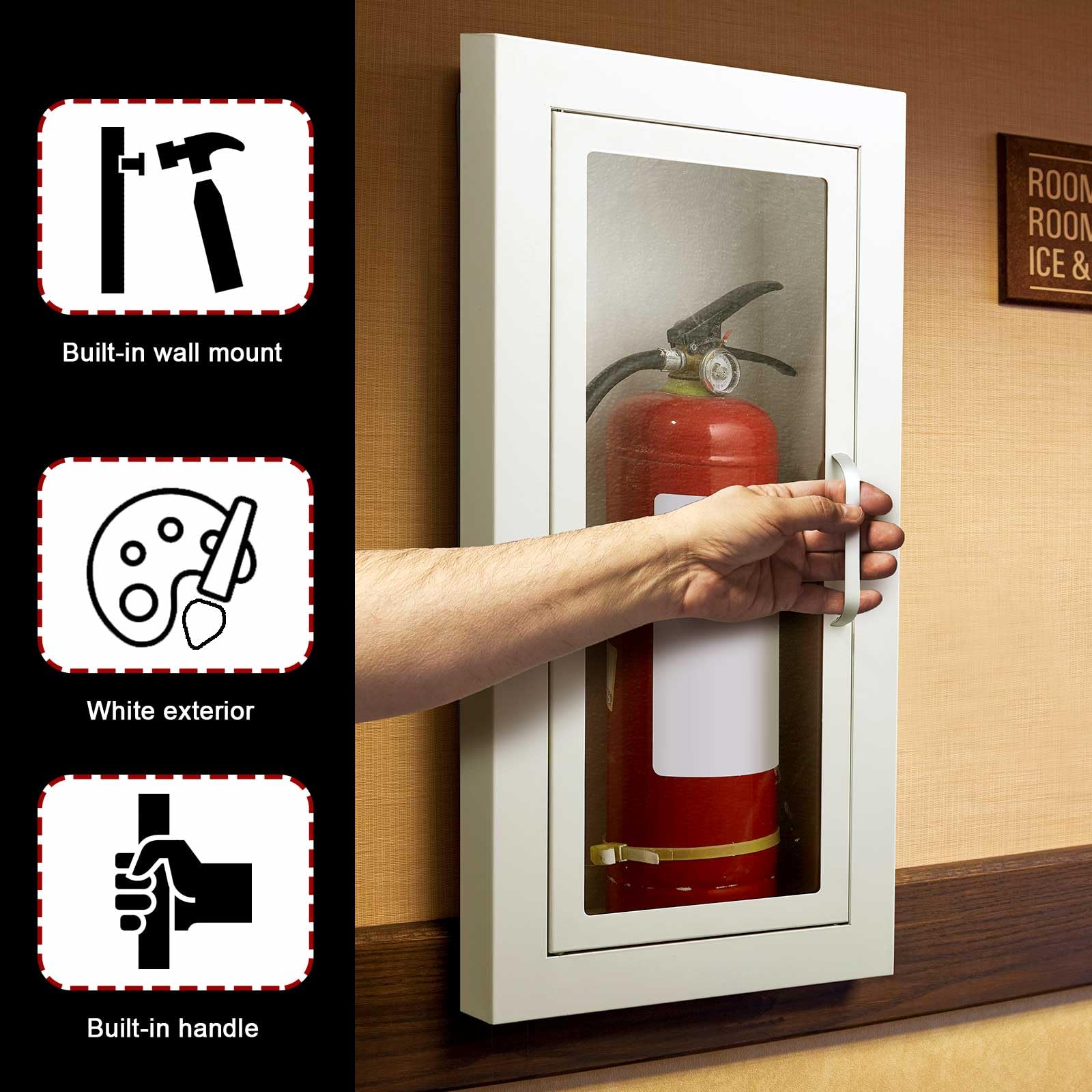 Zonon Armadietto da parete architettonico industriale bianco semi incassato, porta con maniglia versione per estintore chimico secco da 4,5 kg