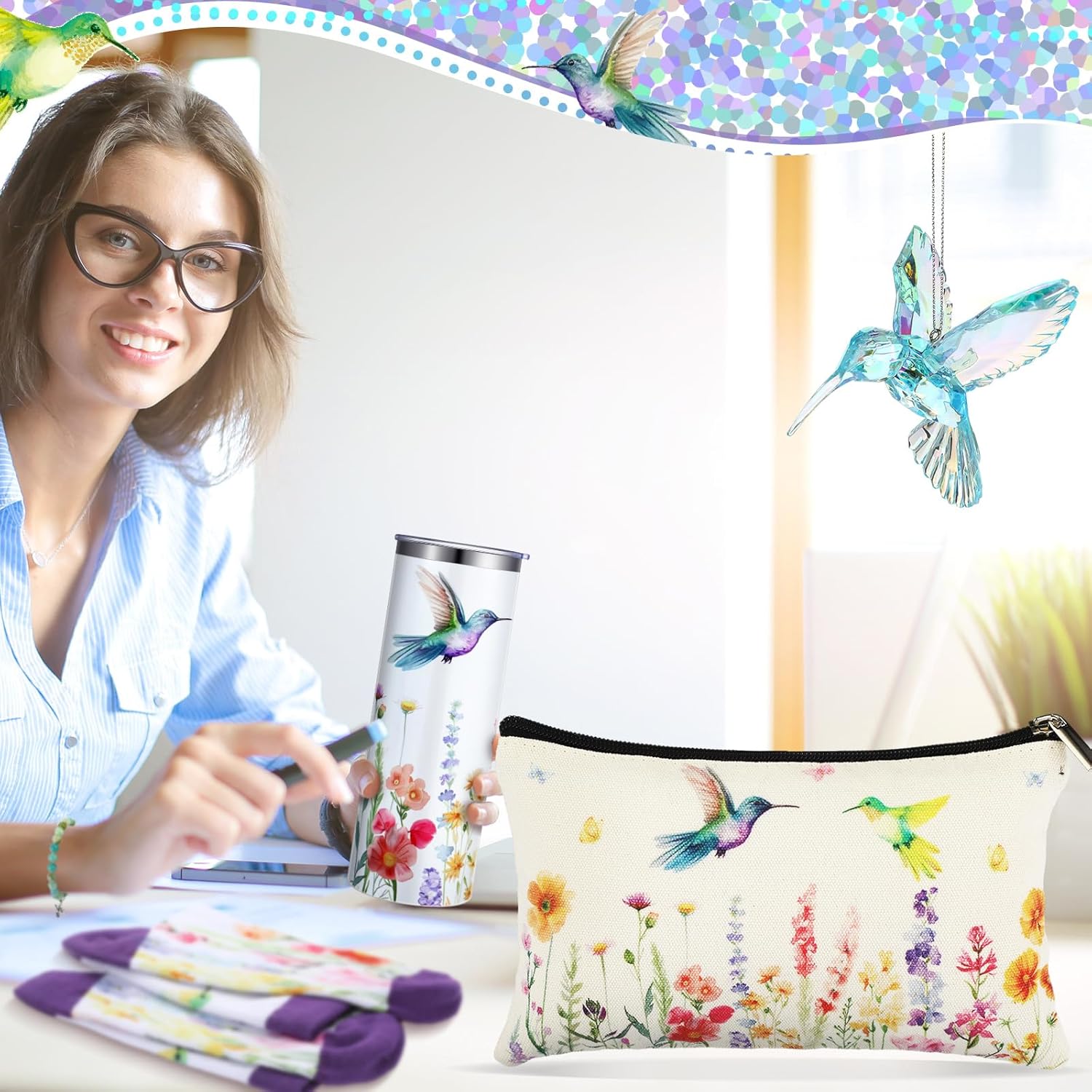 Patelai 5 Pcs Hummingbird Gift for Mom Hummingbird Makeup Bag 20 oz Tumbler with Straw Novelty Sock Acrylic Ornaments Inspirational Bracelet Gifts for Women Grandma Mother's Day Birthday(Wildflower) - Image 4