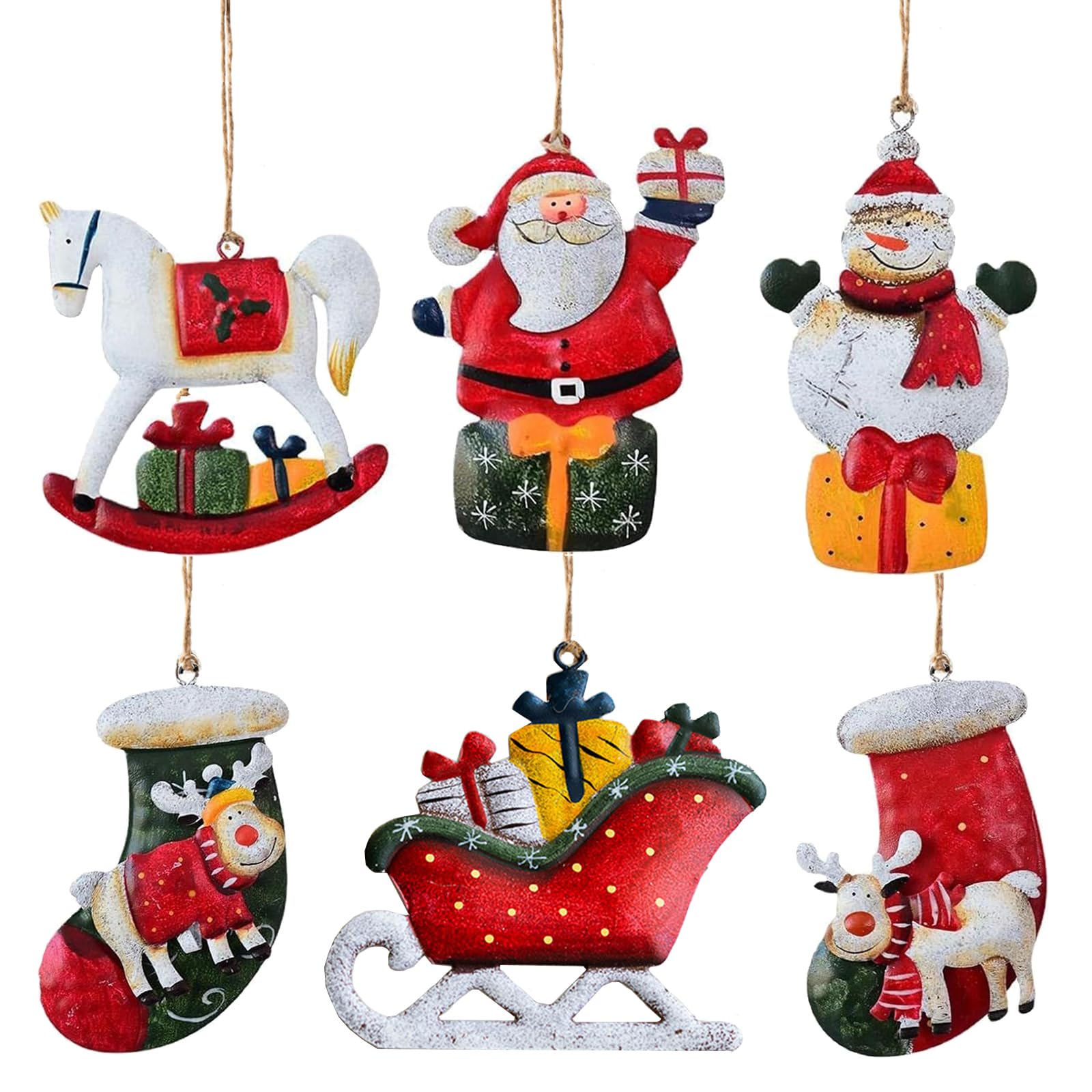 HERZWILD 6pcs Metal Pendant for the Christmas Tree Xmas Hanging Ornaments - Snowman, Santa Claus,Socks, Christmas Horse and Slides (Santa Claus 6pcs)