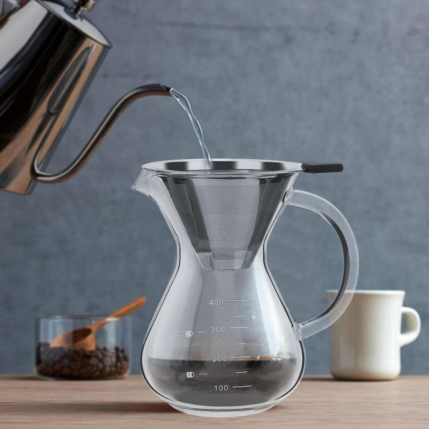 Restokki 400ml Glass Coffee Pot, Pour Over Coffee Maker with Removable Filter Coffee Container with Scale for Coffee Tea in Office Home