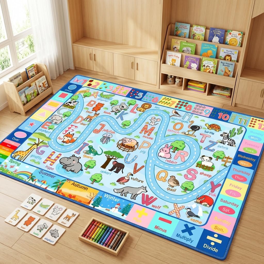 3x5 Feet Educational Area Rug Kids Rugs for Playroom with Alphabet Numbers Shapes Animals Learning Carpet for Bedroom Nursery Classroom Boys Girls Toddler Baby Non Slip Floor Mat