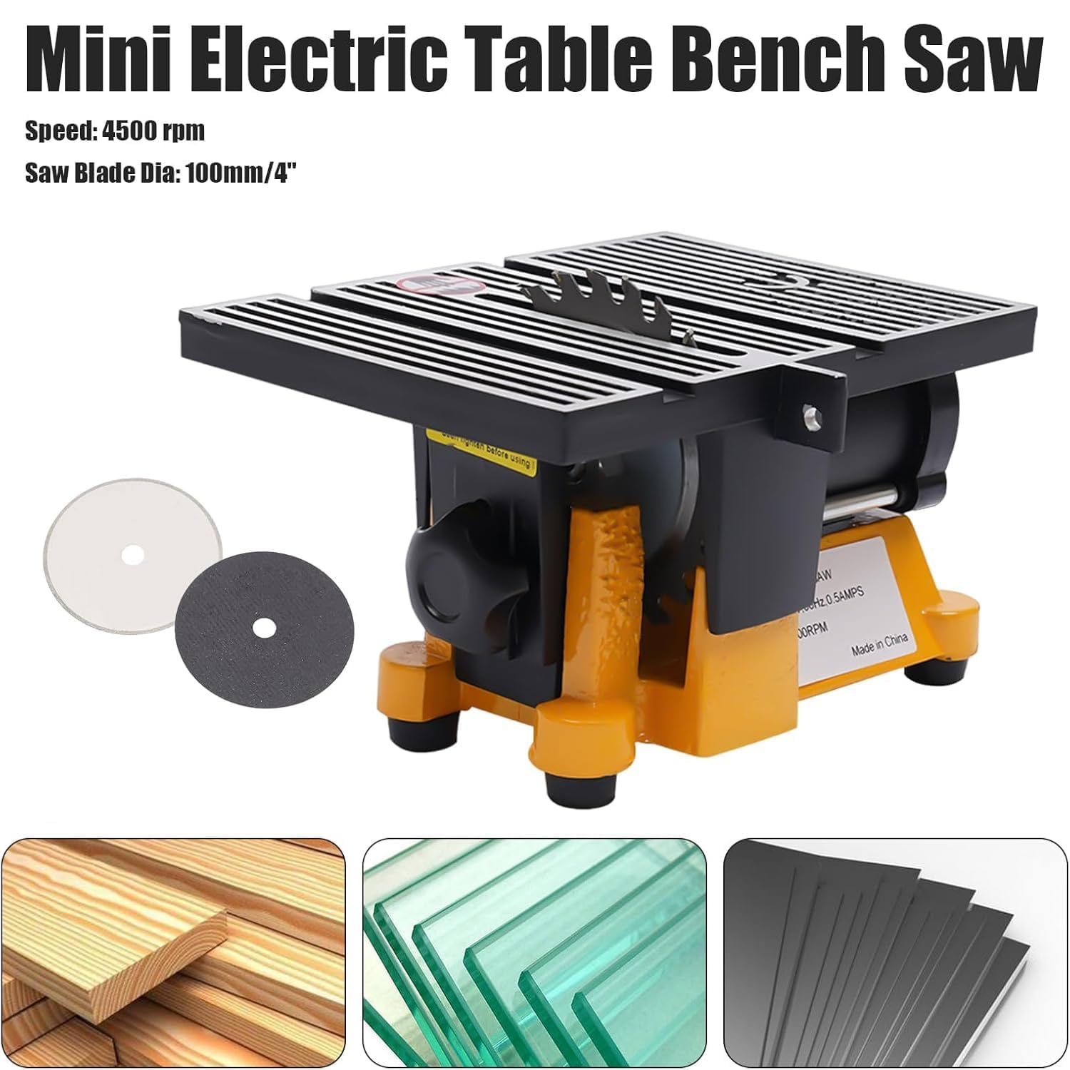 Mini sierra de mesa portátil, máquina de corte de banco de 4500 RPM con 3 cuchillas, guía de inglete ajustable y cubierta de seguridad para madera, metal, vidrio y materiales de manualidades