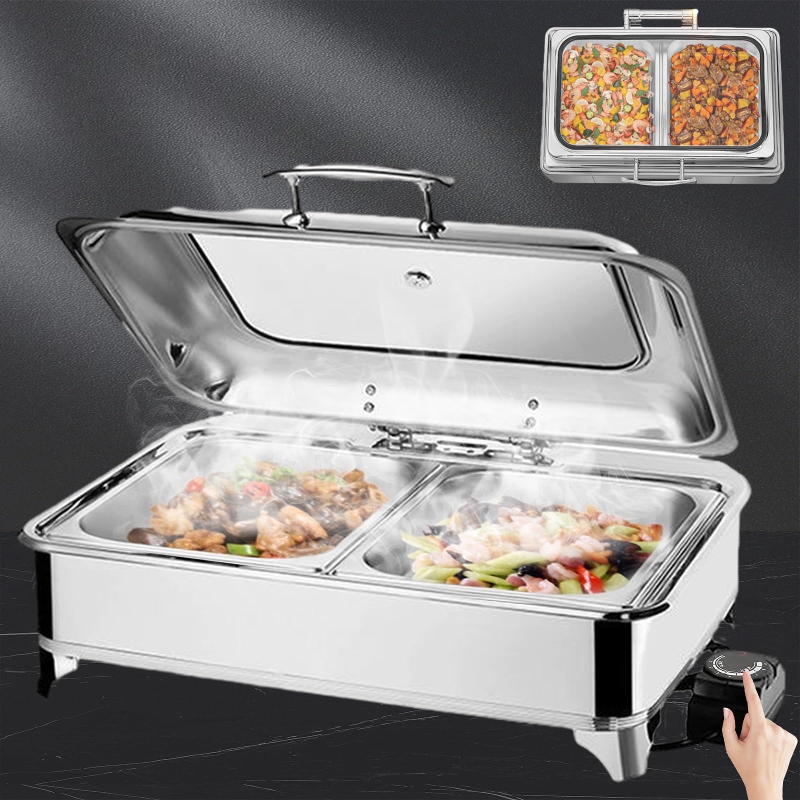 Chafing Dish Eléctrico, 9L Calentador de Comida Electrico para Buffet Temperatura Regulable, Calentador de Buffet in Acero Inoxidable con Tapa Visible(A,1/2 Pan)