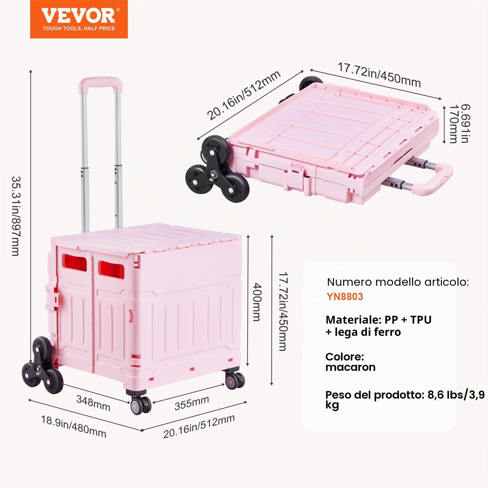 VEVOR Carrello Pieghevole, Carrello Portaoggetti Portatile 65 L con Ruote per Salire, Carrello a Mano con Ruote Girevoli 360° Maniglia Telescopica per l'Ufficio, l'Insegnante, in Movimento, Rosa