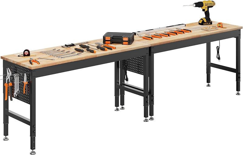 120"Adjustable Heavy Duty Workbench with 2000 LBS Capacity,Ships in 2 Boxes | Pegboard, Power Outlets ,Rubber Wood, for Garage, Workshop, Office, Home, Commercial