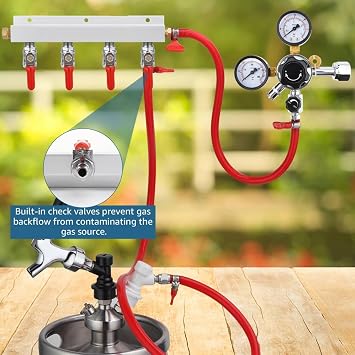Co2 Manifold, 4 Way Gas Manifold with Integrated Check Valves | 5/16 Bard, Independent Shut-off Valves, Four Lines Work, Perfect Gas Control, Homebrew Accessory, Draft Beer System