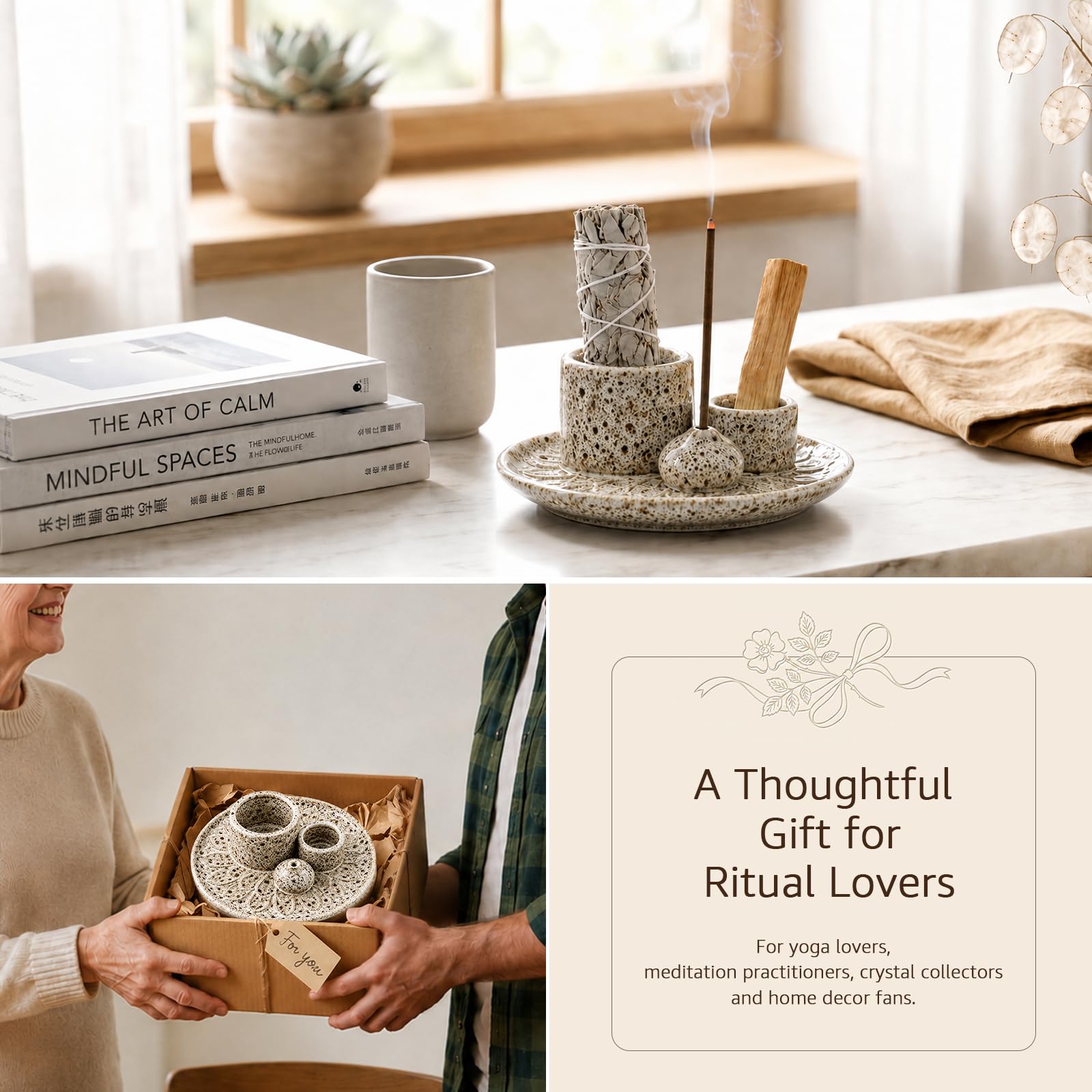 Palo Santo Räucherstäbchenhalter, 4-in-1 Keramik-Räucherstäbchenhalter & Kerzenhalter, Aschefänger & Schmierstabhalter für Meditations- und Yoga-Raum (Braun)