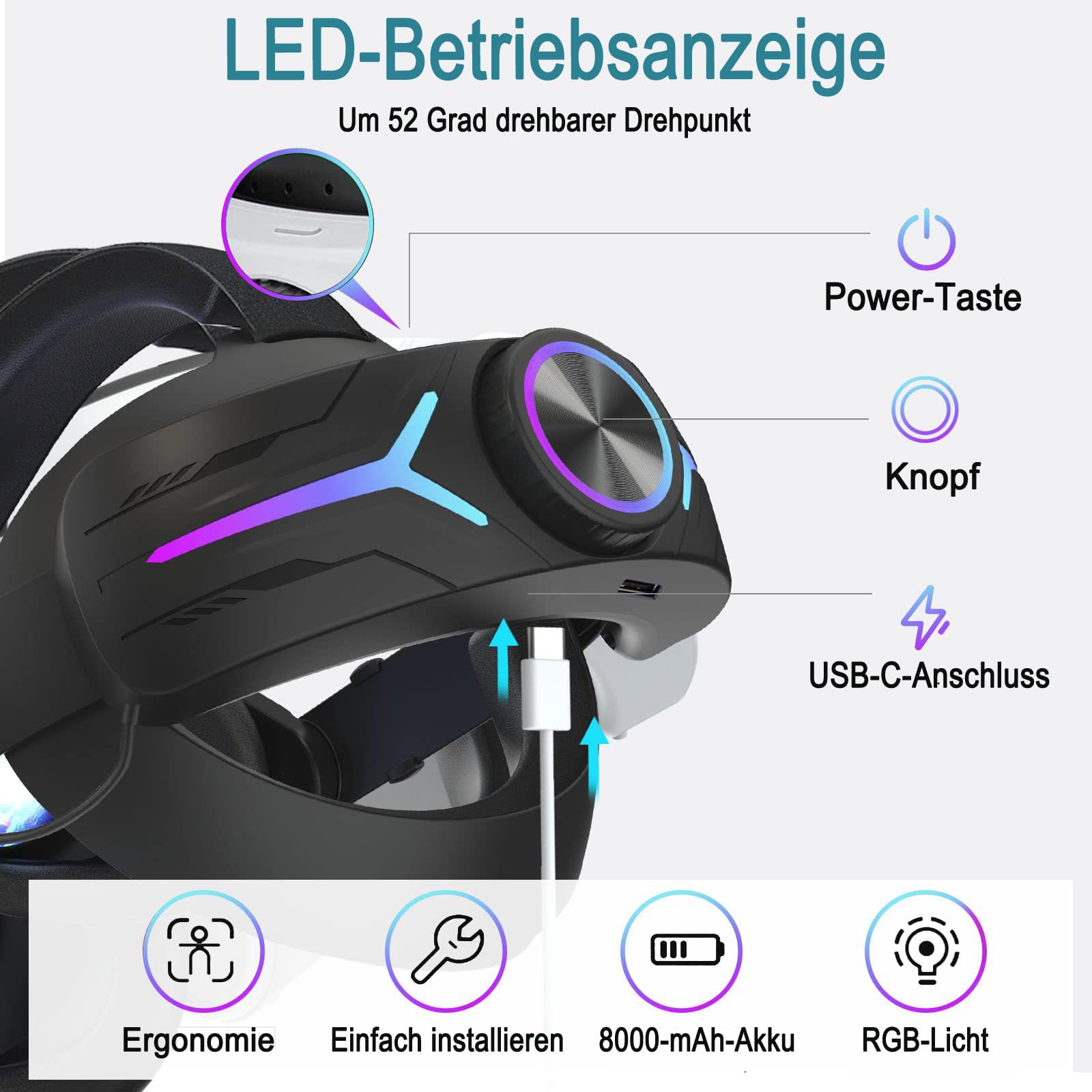 Meta Quest 3 Elite Strap Headstrap Mit 8000mAh Akku Und 7-Teiliges Silikon Zubehör-Set - Verringert Kopfdruck Und Verbessert Komfort