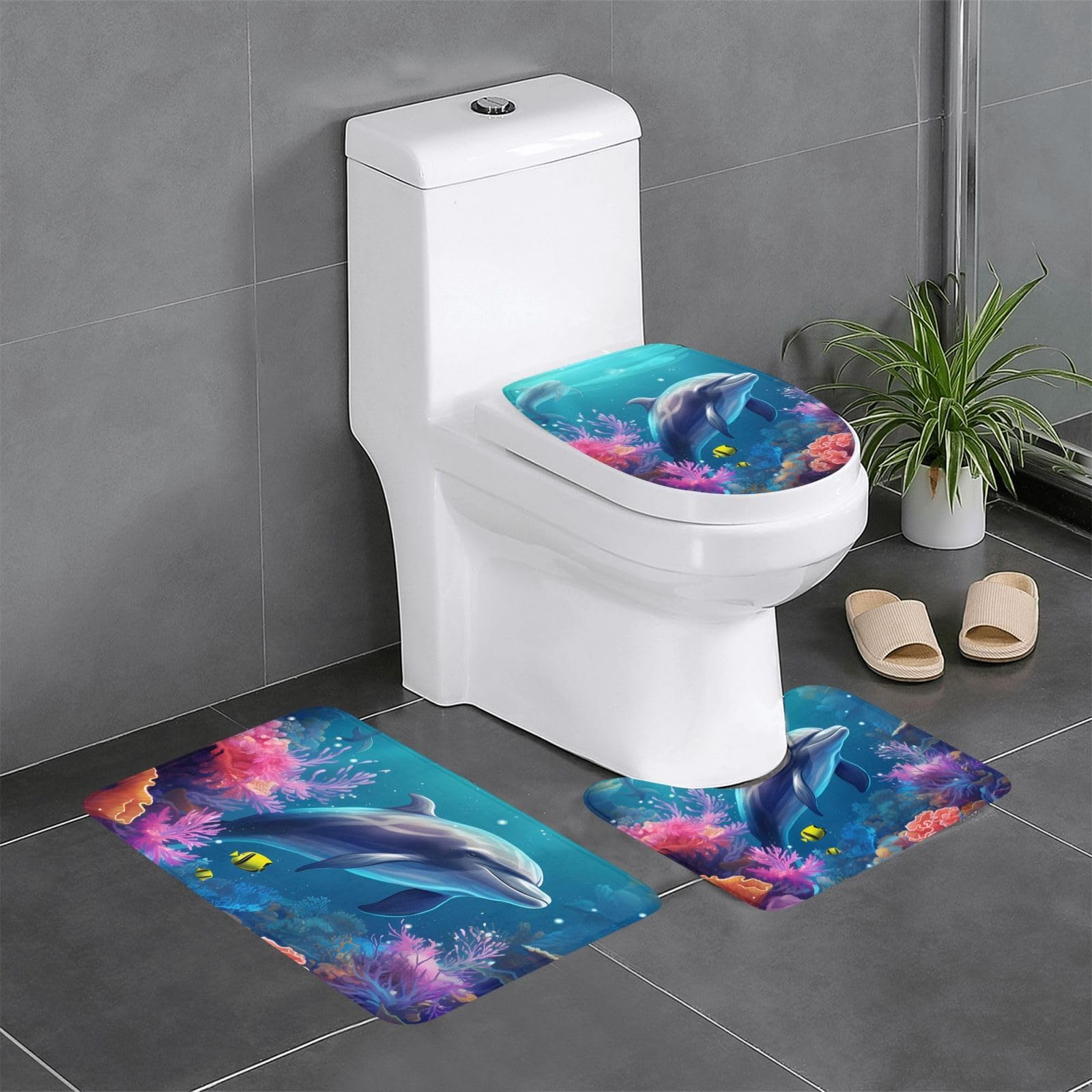Tapis de salle de bain dauphin ensemble 3 pièces tapis contour WC et tapis coiffeuse