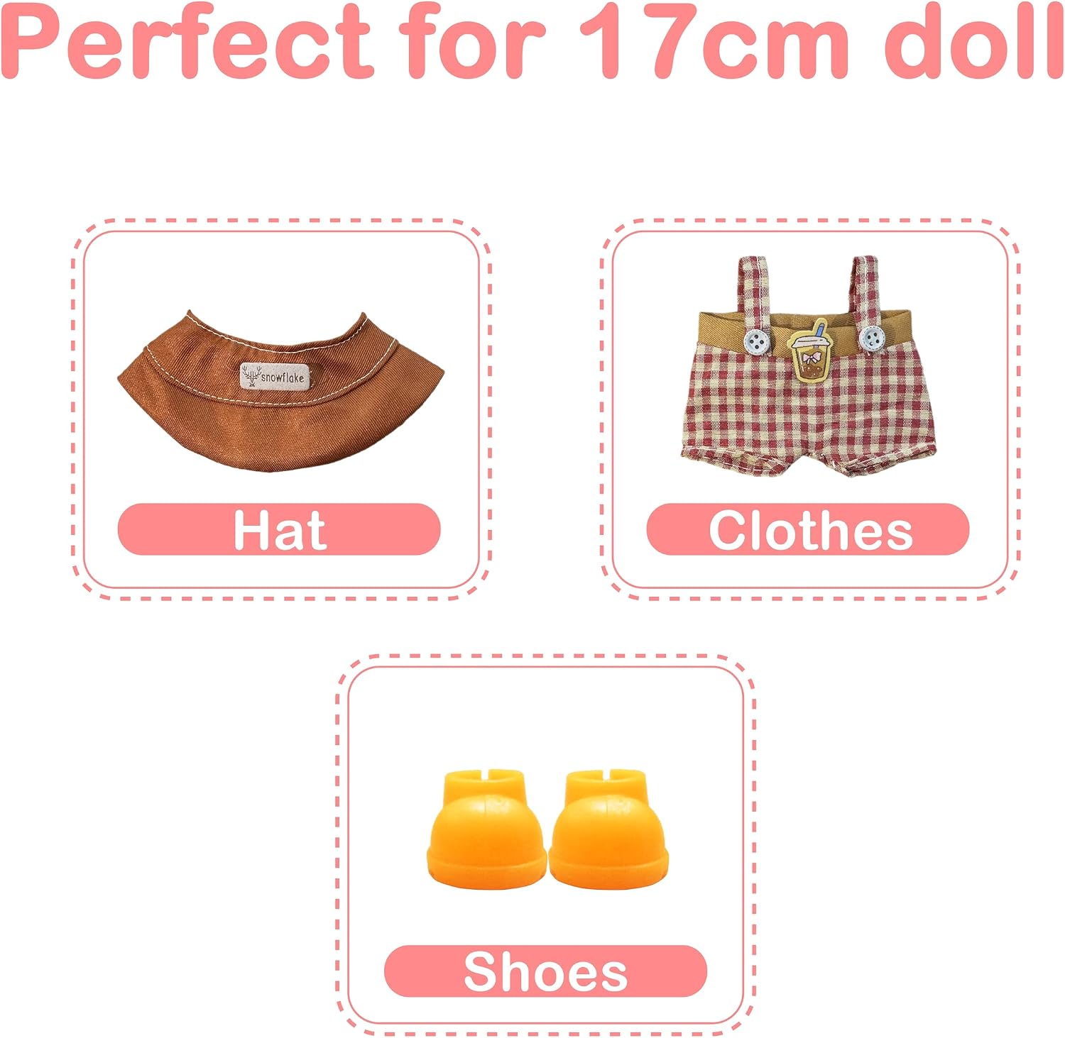 Clothes for LABUBU 17cm Doll (NO Doll), Outfits Accessories for LABUBU Dress Up, Cute Clothing for Doll Overalls and Hats Set (Retro Brown)