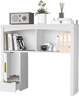Desktop Shelf, Wooden Desk Hutch with Storage, Desktop Bookshelf with Cabinet and Drawer, Office Desk Organizer, Space-Saving Organization, Over Desk Storage Shelves for Home, Dorm, White