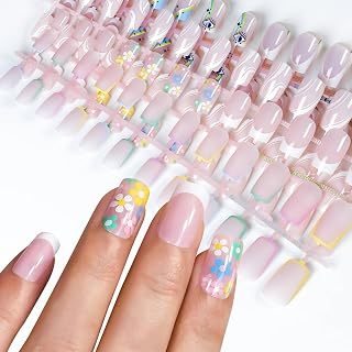 5 Packs 120pcs Squoval Press on nails, Mix Color Pre-design Glossy Shiny White Salon Nude Pink French Nail Art Tips, Flower Design Fake Nails Reusable Daily Fingernails Gifts for Women Girls