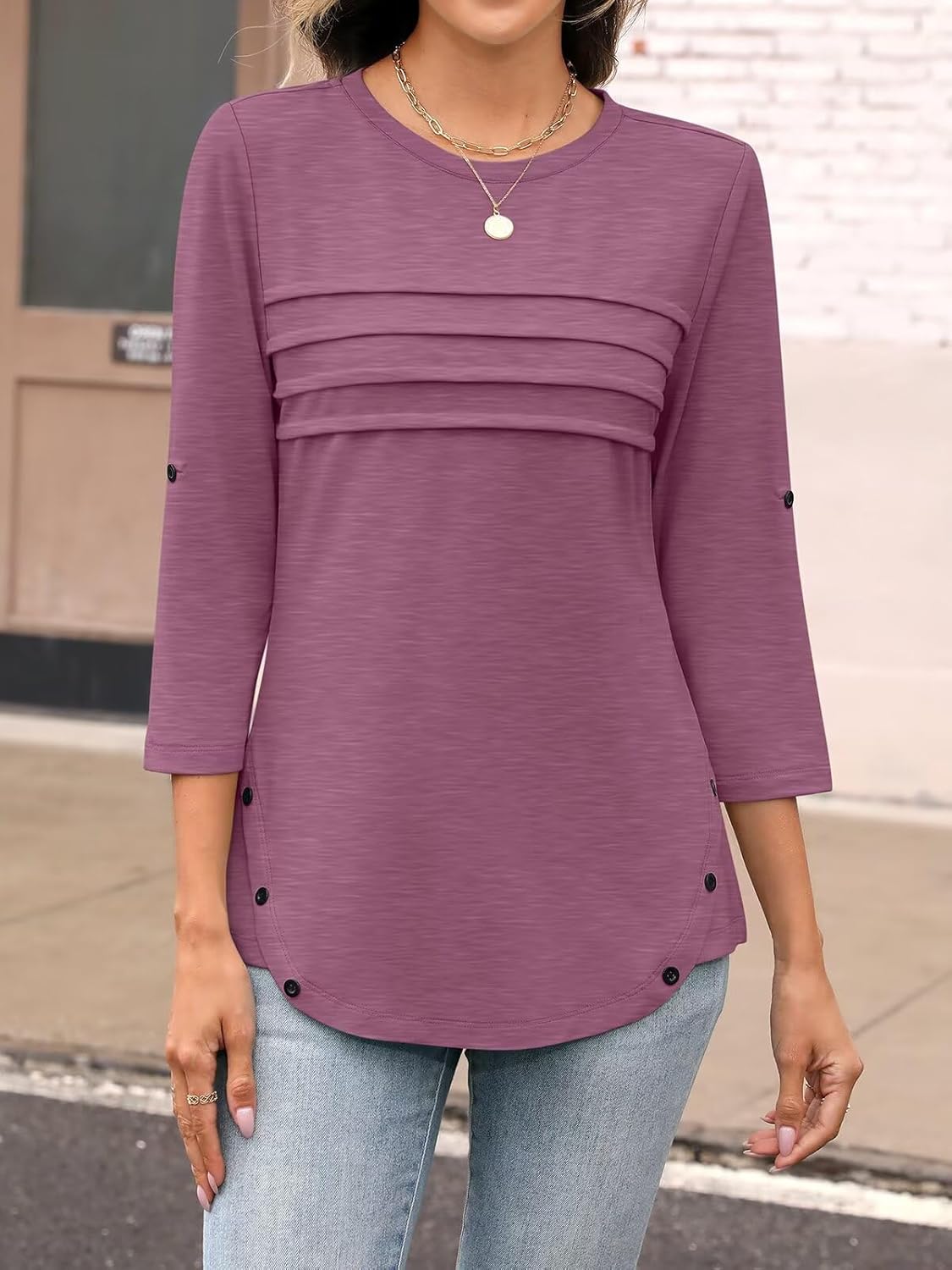 Women's 3/4 Length Rolled Sleeve Tunic Tops Pleated Crew Neck T Shirts Both Side Buttons Summer Blouses - Image 5
