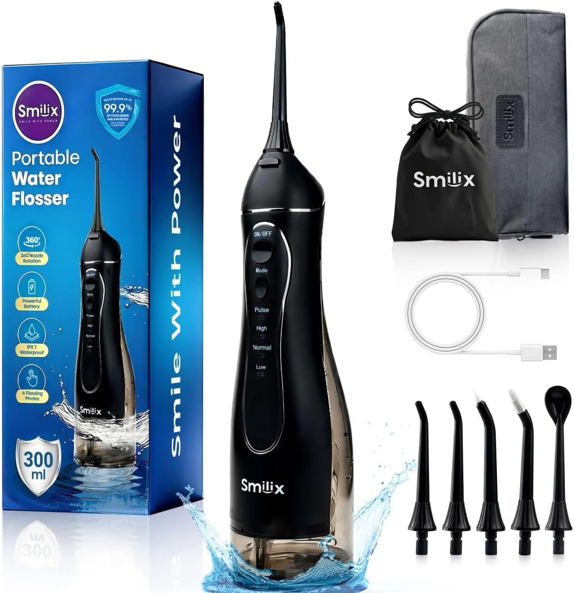 Water Flosser Cordless for Teeth Cleaning - 300ML Portable Oral Irrigator with USB-C Charging, Travel Case, IPX7 Waterproof & 5 Jet Tips - Powerful Water Dental Flosser for Braces & Gum Care by Smilix