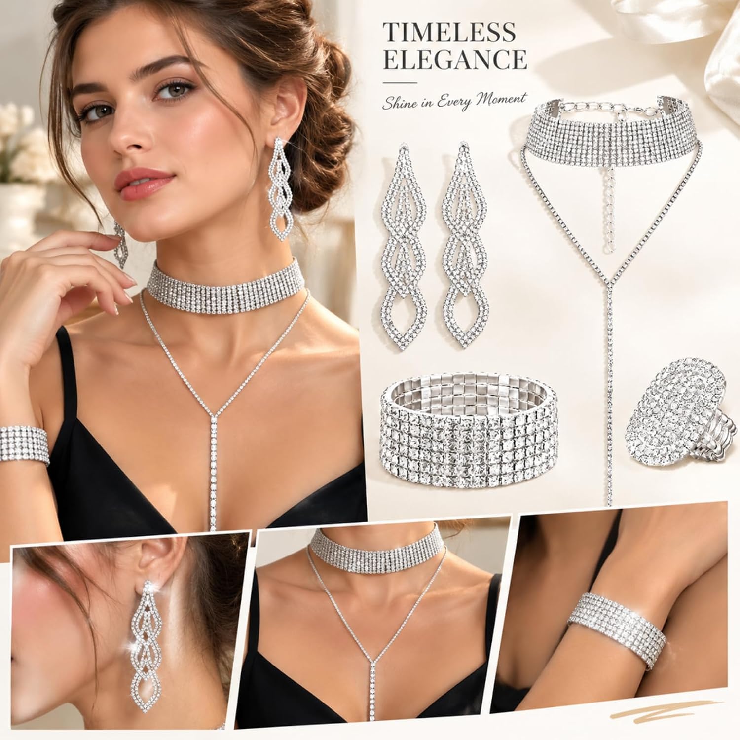 Fumete 4 Pcs Rhinestone Jewelry Set for Women Wedding Bride Party Silver image 2