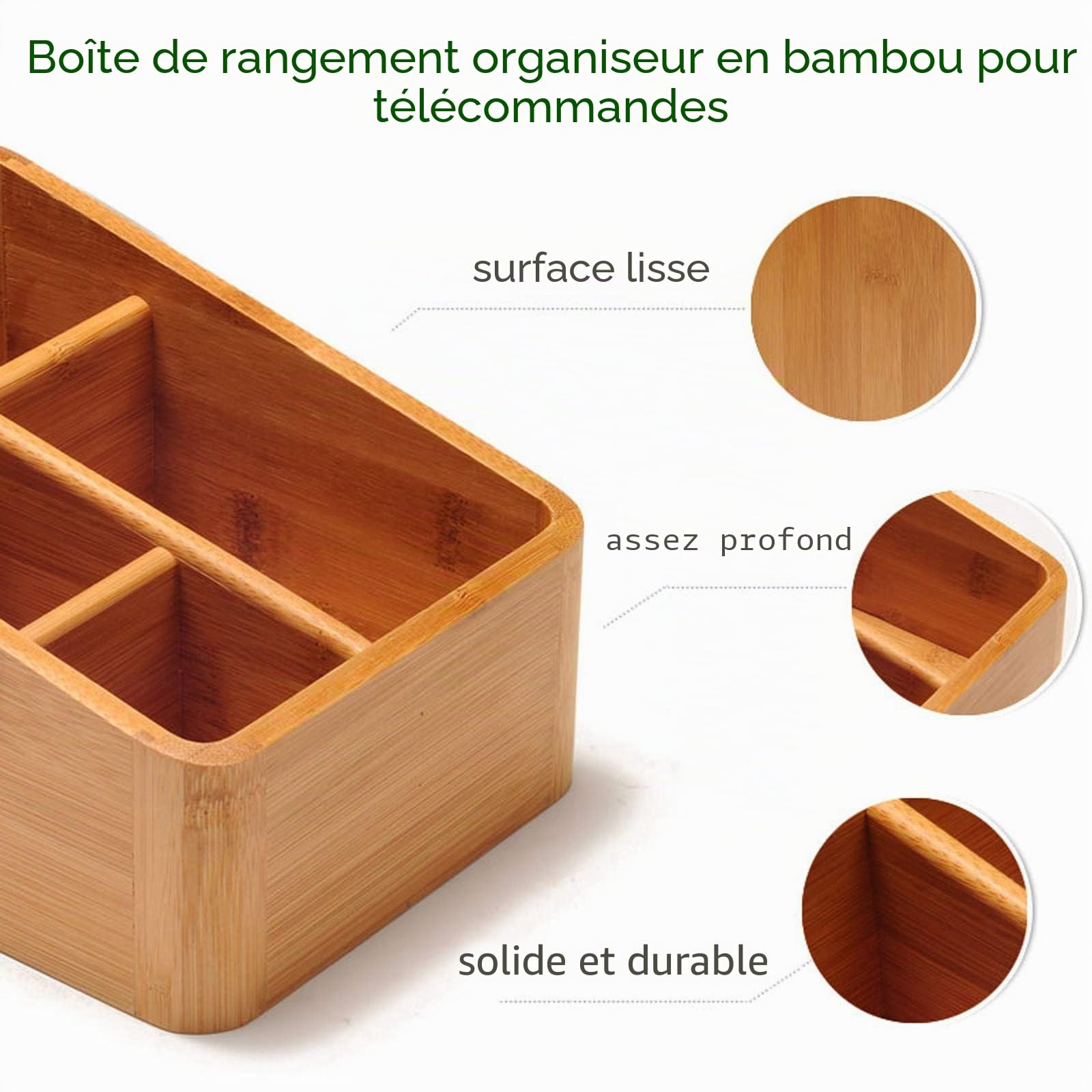 Boîte de rangement de bureau, 4 Compartiments en Bambou Multi-Fonctionnels Organisateur Télécommande TV Home Articles divers, Rangement en bois boîte de Cosmétique #3