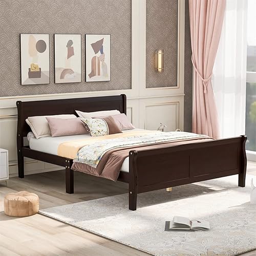 Miniatura 29 de TRIPLE TREE Base de cama de plataforma de madera tamaño Queen, base de colchón con cabecera y estribo para dormitorio, cama de trineo con soporte de