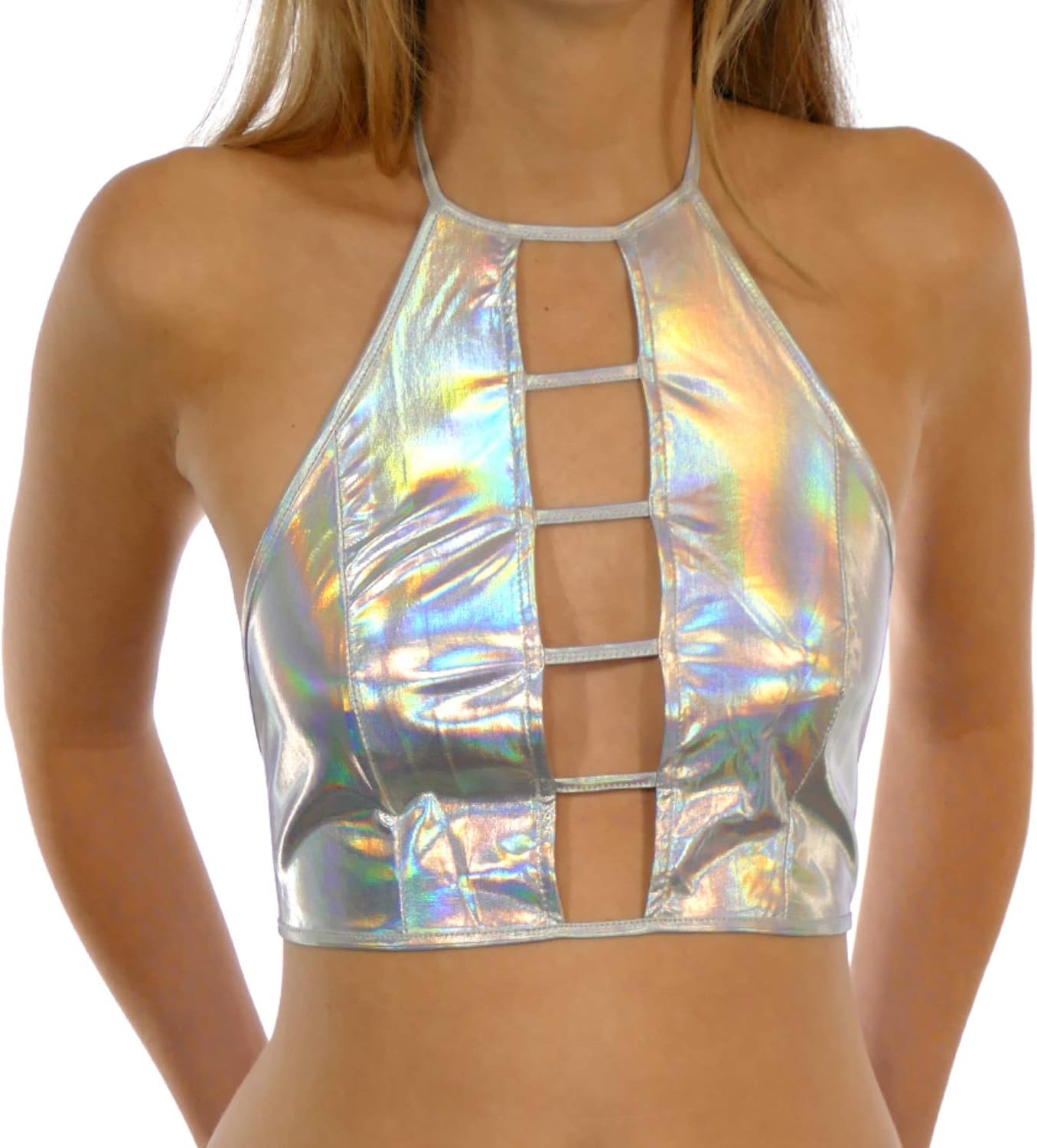 Shop Delfina Holographic Festival Rave Wear Women's Metallic Crop Top
