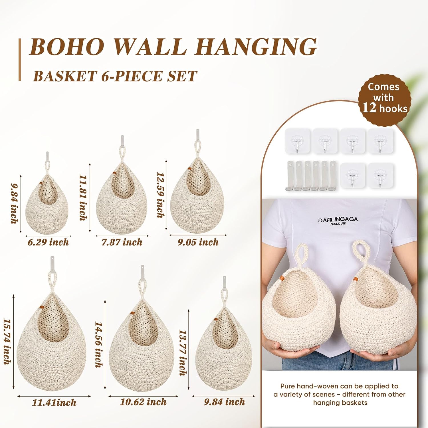 Hanging Fruit Baskets for Kitchen - 6 Pack Boho Wall Hanging Basket,Handwoven Wall Fruits Basket,for Garlic Potato Vegetable Onion Teardrop Home Hanging Storage Baskets(White Classic） image 4
