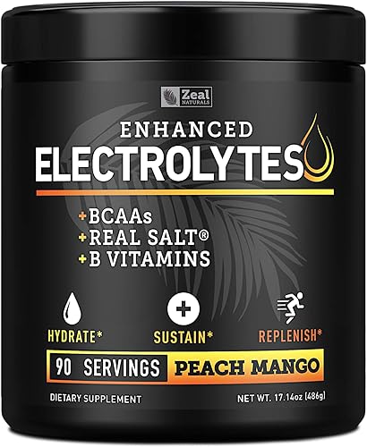 Polvo de electrolitos mejorado mango de durazno  90 unidades  BCAA vitaminas B y sal real - Polvo de hidratación con potasio sodio zinc magnesio