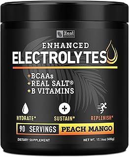 Electrolyte Powder Recovery Drink (90 Servings | Peach Mango) w Real Salt +BCAAs +B-Vitamins Sugar Free Electrolyte Supple...