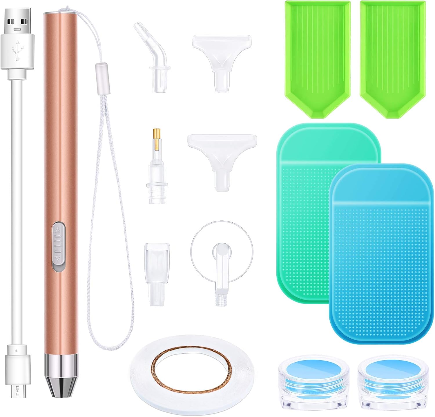15 Pieces LED Diamond Painting Tools Set 5D Diamond Painting Drill Pens DIY Light Point Pens with Different Pen Heads, Elbow Pen Heads, Plate Trays, Anti-Slip Mats, Tape, Clay Storage Case (Rose Gold)