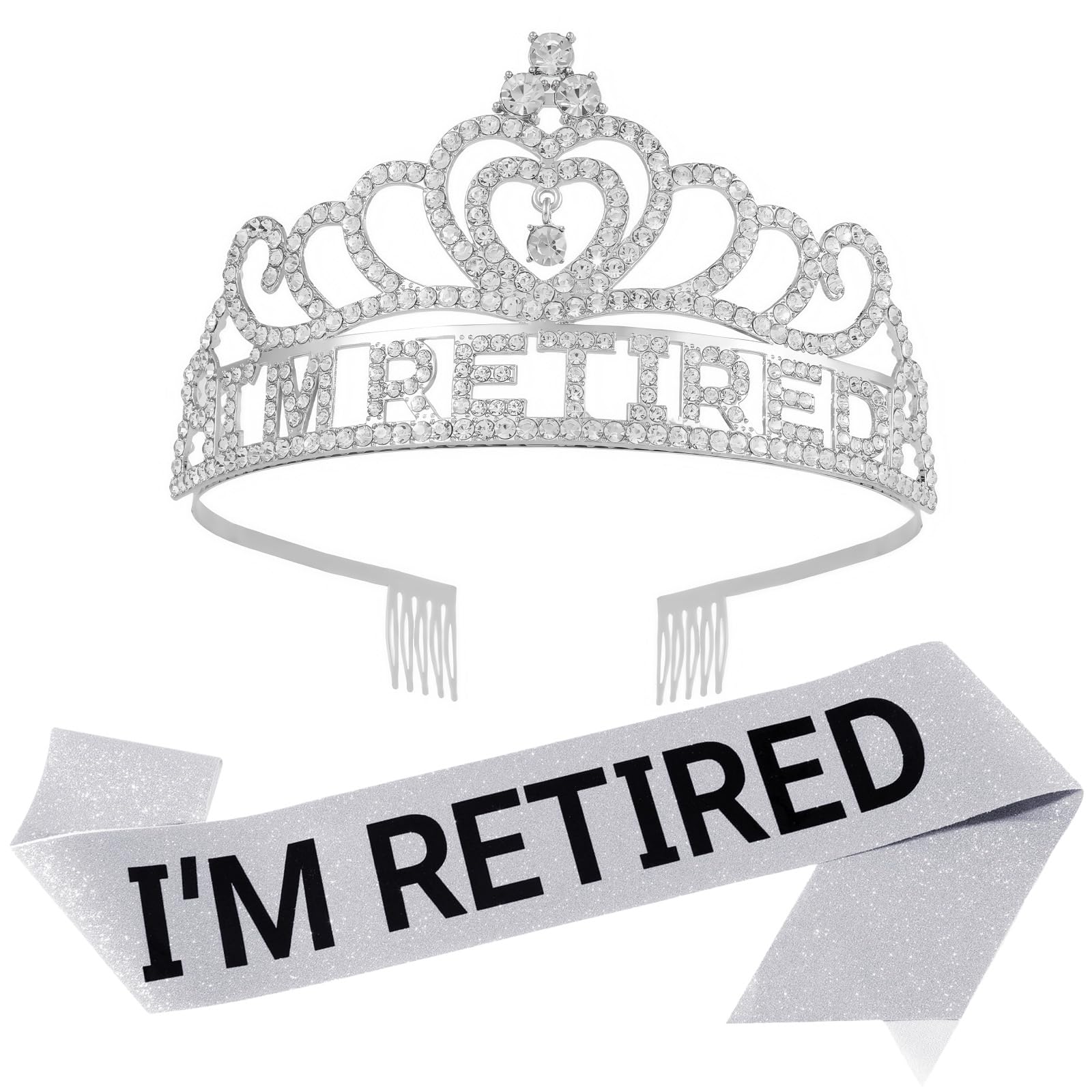 HPMAISON Silver Retired Tiara Crown and Sash Set - Retirement Gifts for Women - Happy Retirement Crystal Crown Ceremonial Sash - Silver Headpieces Hair Accessories - Cake Topper, Favors