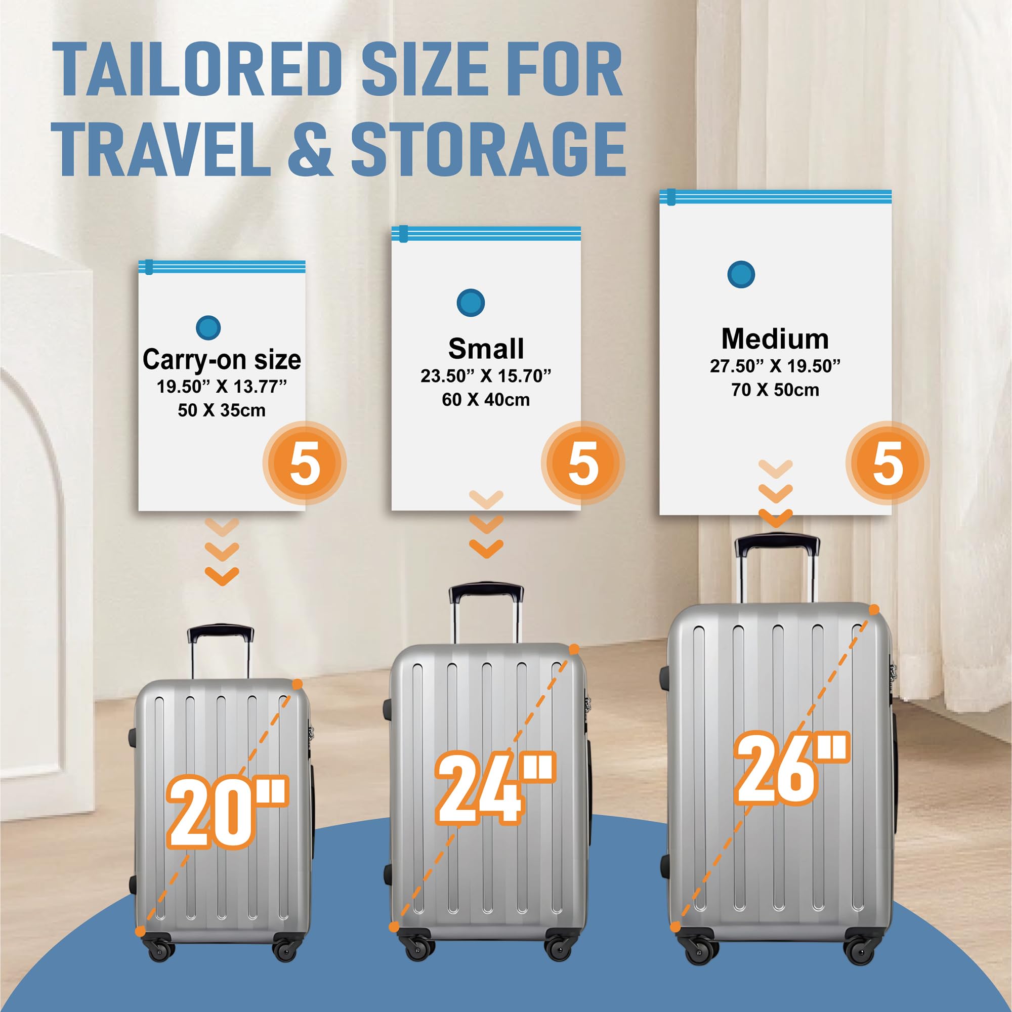 Roomimaster Sacchetti sottovuoto da viaggio con pompa elettrica, 15 sacchetti da viaggio combinati per bagagli e valigie, dimensioni a mano, salvaspazio, per vestiti e abbigliamento