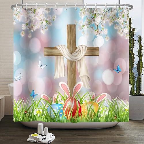 CRTPOD Cortina de ducha de conejo de Pascua divertida y feliz conejito de Pascua huevos lindos de la cruz decoración floral del hogar cortinas de