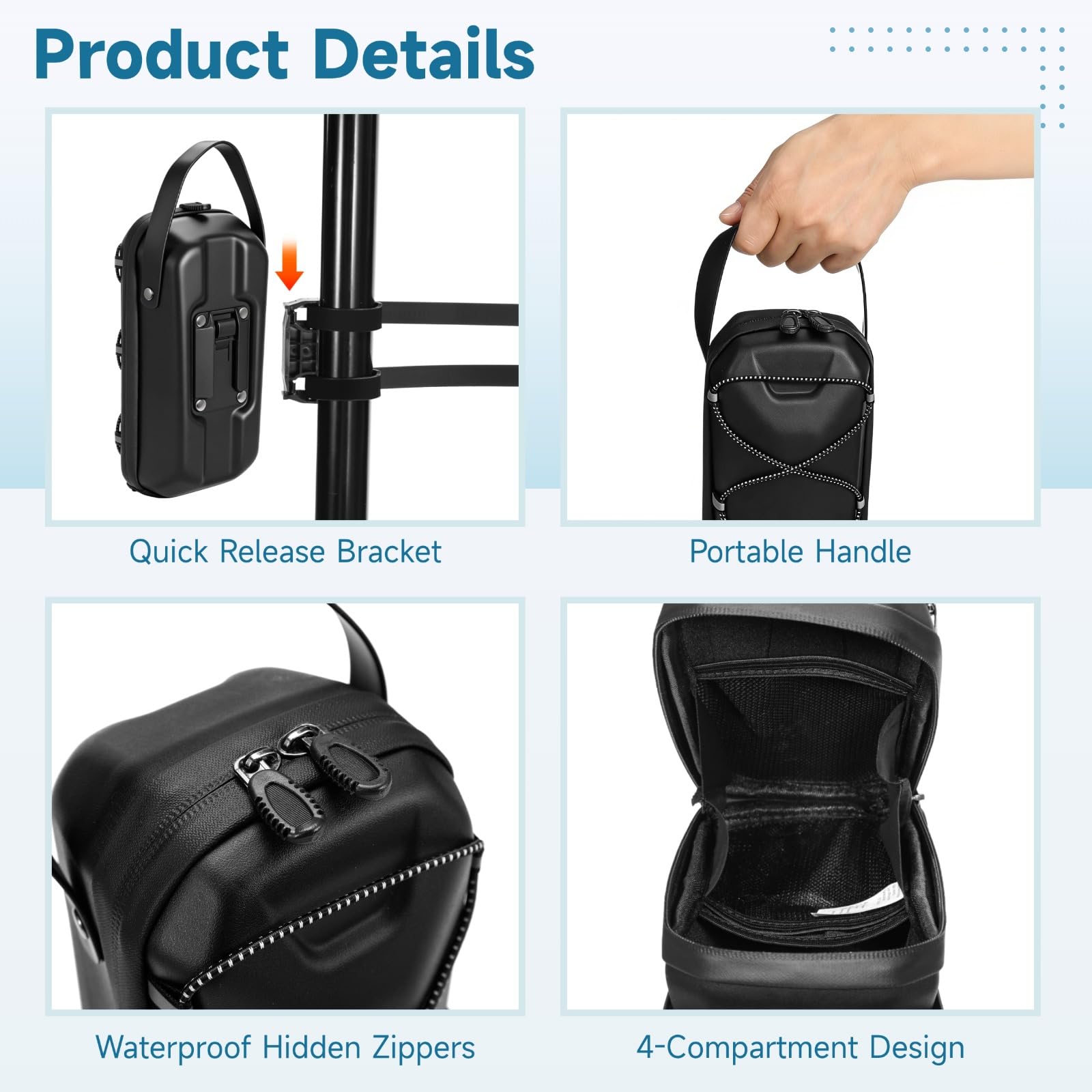 Sac de Rangement Trottinette électrique 3 L, Sac Guidon Coque Rigide EVA, Zips dissimulés, Organiseur Frontal pour téléphone, Chargeur, Outils, Pochette Accessoires pour vélo électrique