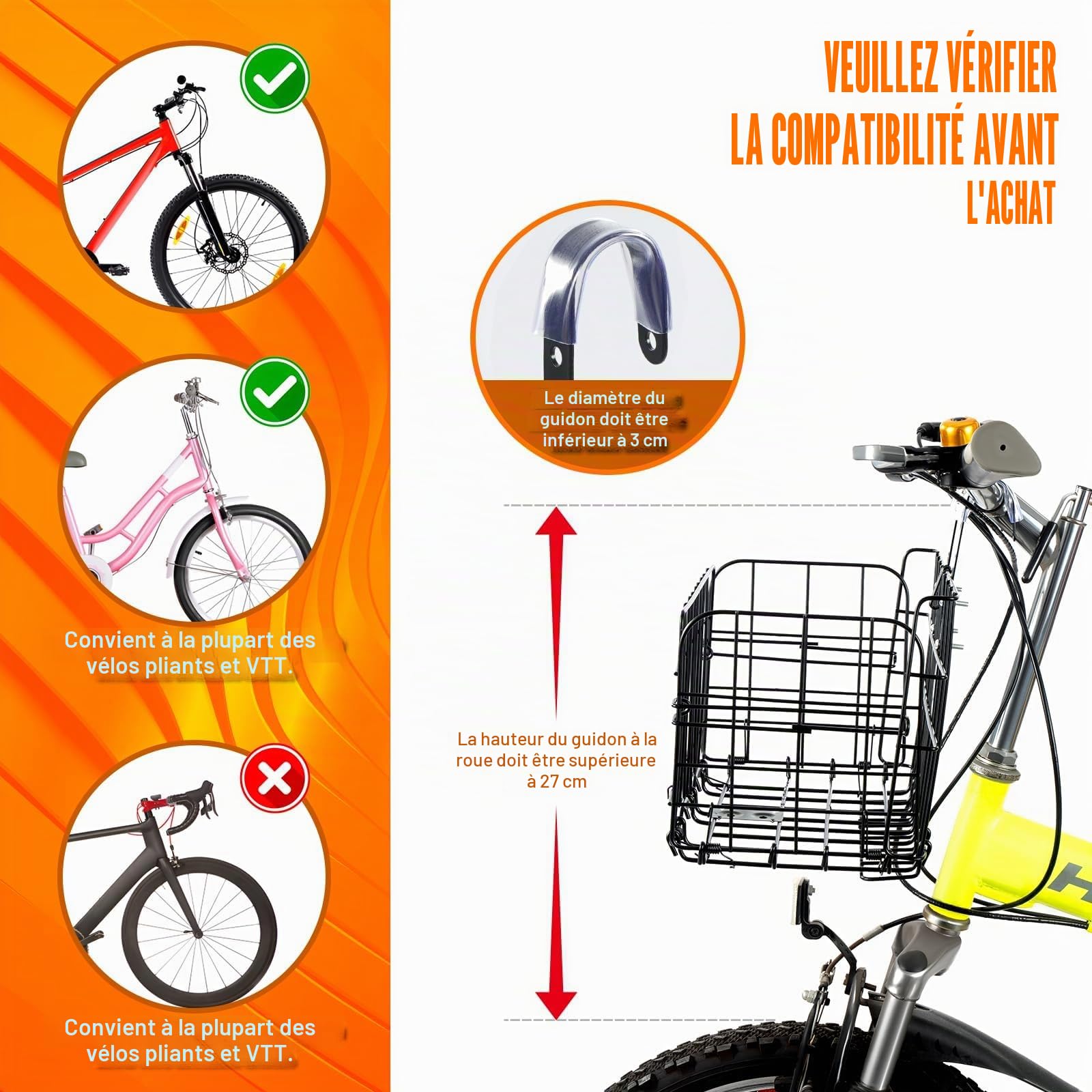 Panier de vélo pliable avec poche intérieure noire, panier de vélo imperméable pour l'avant et l'arrière, sacoche de vélo pour accessoires de VTT, pour animaux de compagnie, courses, navette