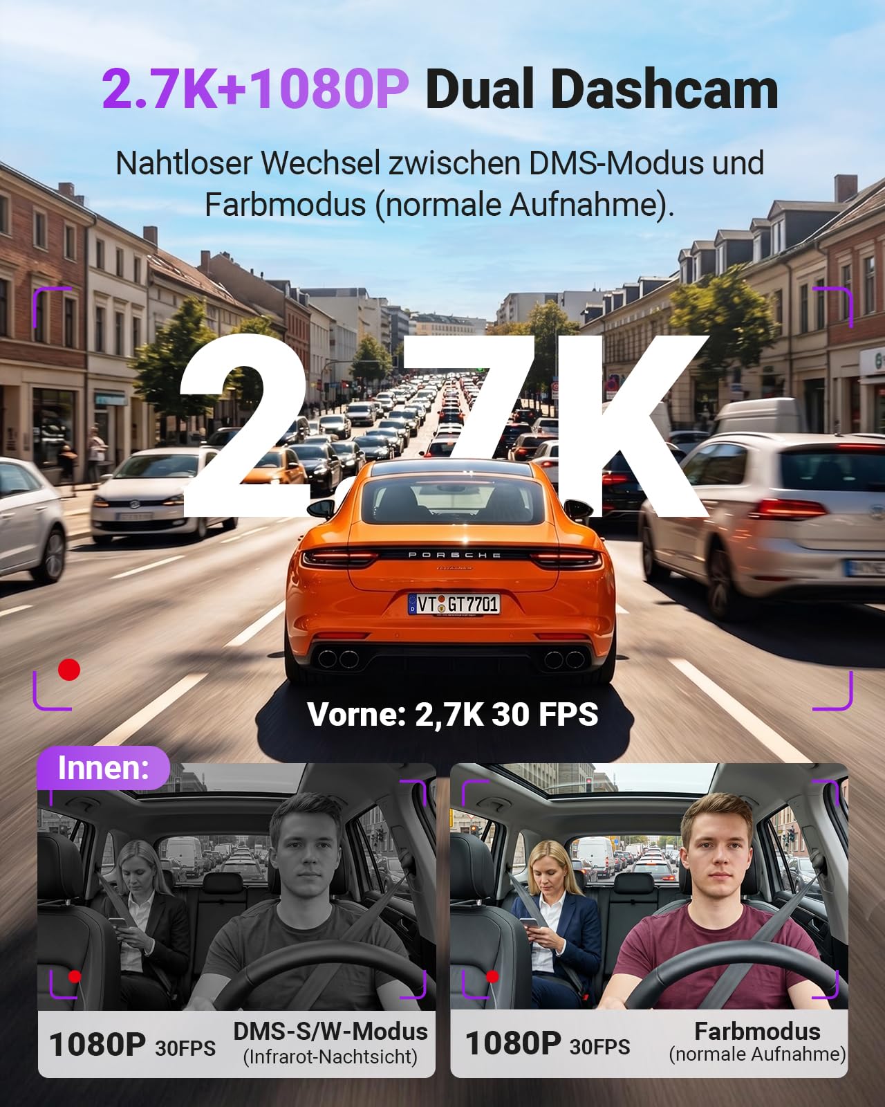 VANTRUE S1 Pro DMS 2,7k Dashcam Vorne Innen 1944P+1080P, Auto Kamera 60FPS STARVIS 2 Nachtsicht, 5GHz WLAN GPS, ADAS und DMS AI Systeme, 24H Parküberwachung, G-Sensor, Loop-Aufnahme, DSGVO konform