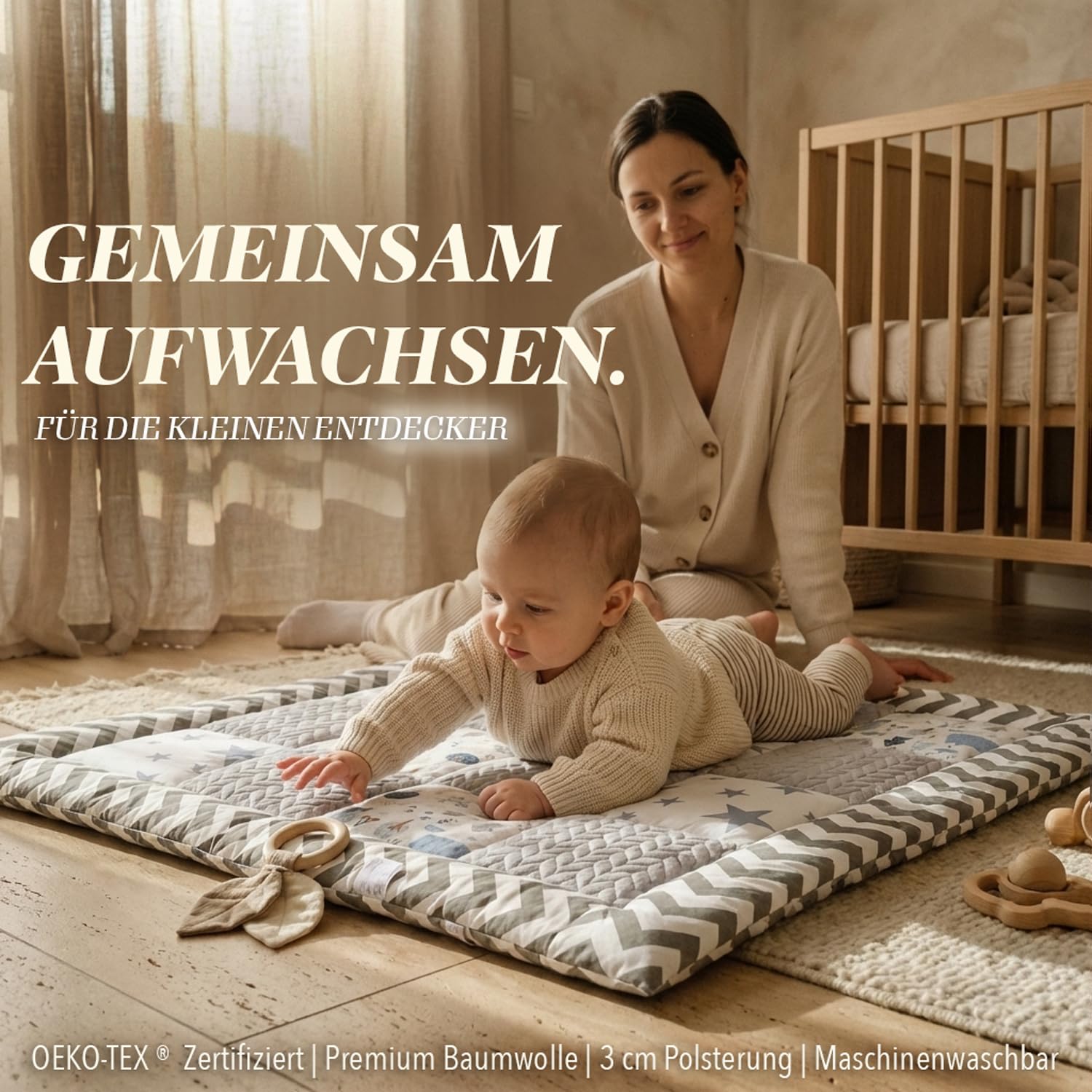 DANKA® Extra dicke Krabbeldecke 100x100 cm – 100% Baumwolle – weich & sicher auf harten Böden – faltbare Baby Spieldecke für Zuhause & unterwegs (Zickzack)