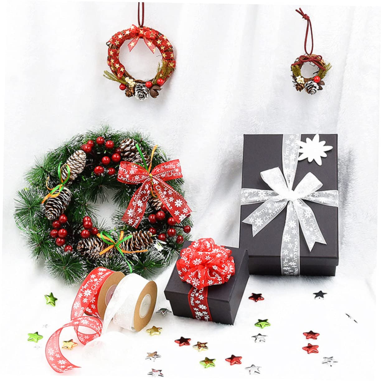 Tofficu 3 Rollen Weihnachtsfeier-dekorationen Schneeflockenbänder Rotes Polyester-verpackungsband Zum Verpacken Von Geschenken
