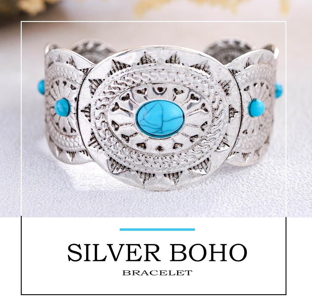 Boho Cuff Bracelets for Women Silver Wide Bracelet Chunky Turquoise Bracelets Western Cowgirl Bangle for Holiday