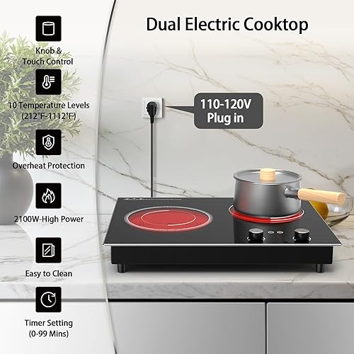 Miniatura 3 de VBGK Cocina eléctrica, 2100 W empotrada y encimera, 2 quemadores, estufa eléctrica con 10 niveles de calefacción, temporizador y bloqueo de