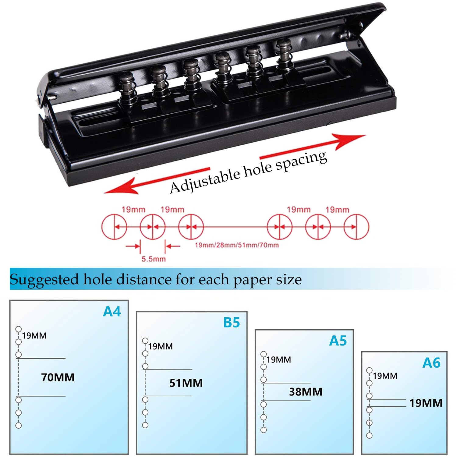 Kongming Locher 6 - Loch DIN A5 Ringbuch, Metall 6 Fach Locher mit 8 - Blatt - Stanzkapazität, Verstellbarer Abstände 6 - Loch Locher für A3, A4, A5, A6, B3, B4, B5, B6, B7 Größen Stammbuch, Schwarz