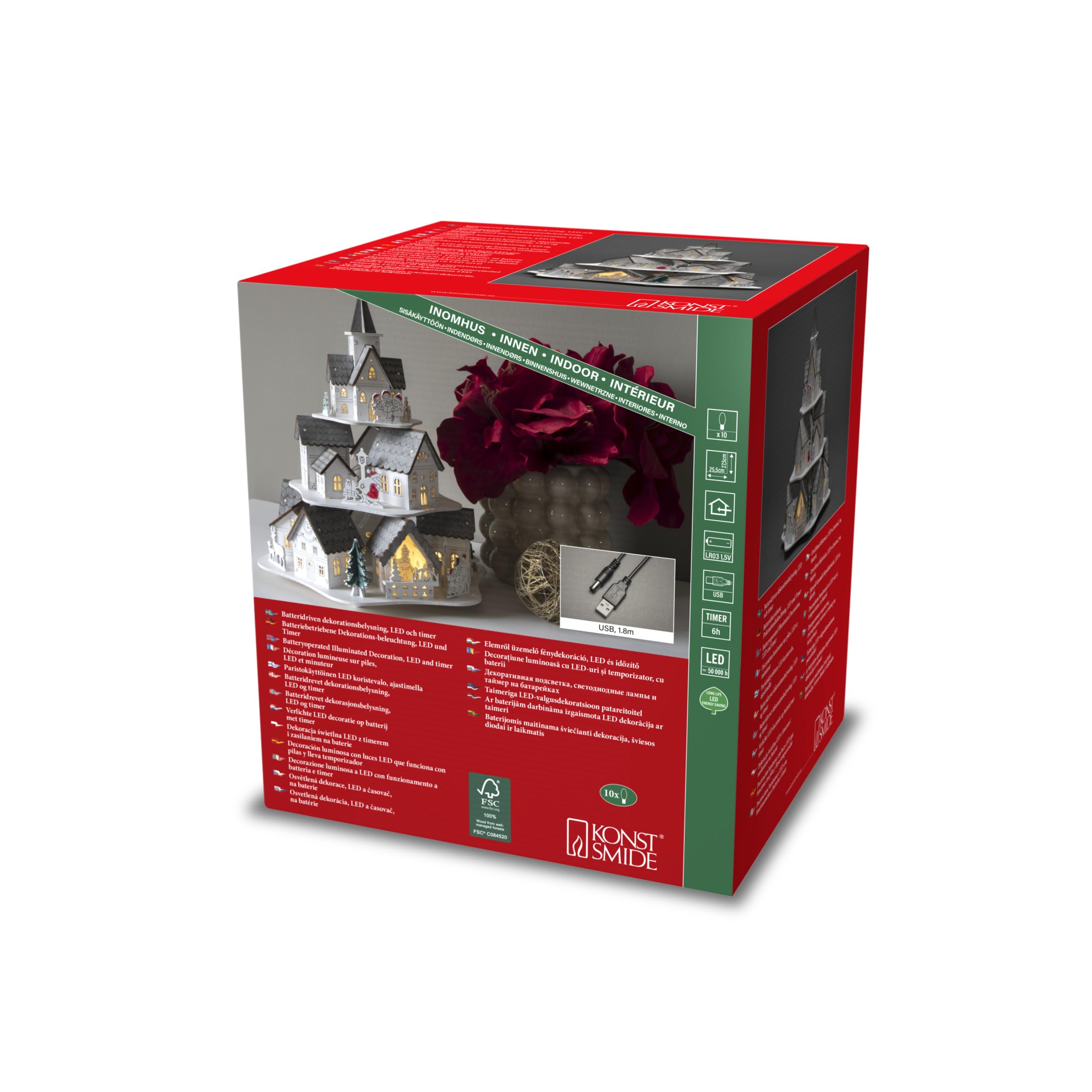 Konstsmide LED Holzsilhouette Häuser, weiß, wählbare Energiefunktion, 6H Timer, 10 warm weiße Dioden, batteriebetrieben & USB, Innen, weißes Kabel, 2 x AAA 1.5V (exkl.) - 3256-210