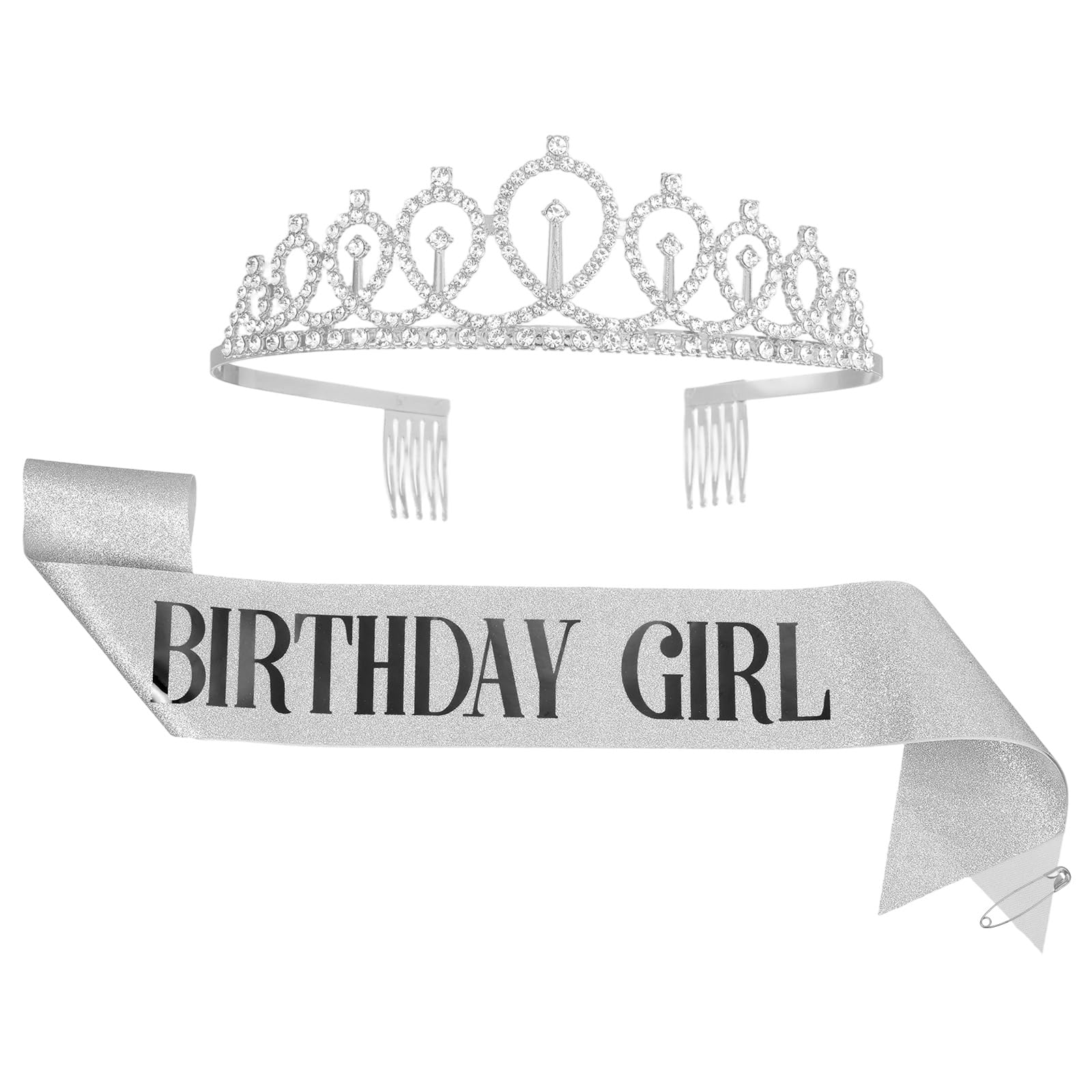 M METERXITY 1-Set Birthday Sash and Crown Printed, Sequined Fabric Birthday Gifts Decorations with Pin for Women, Teens, Adults/Party Favors Supplies [Silver]