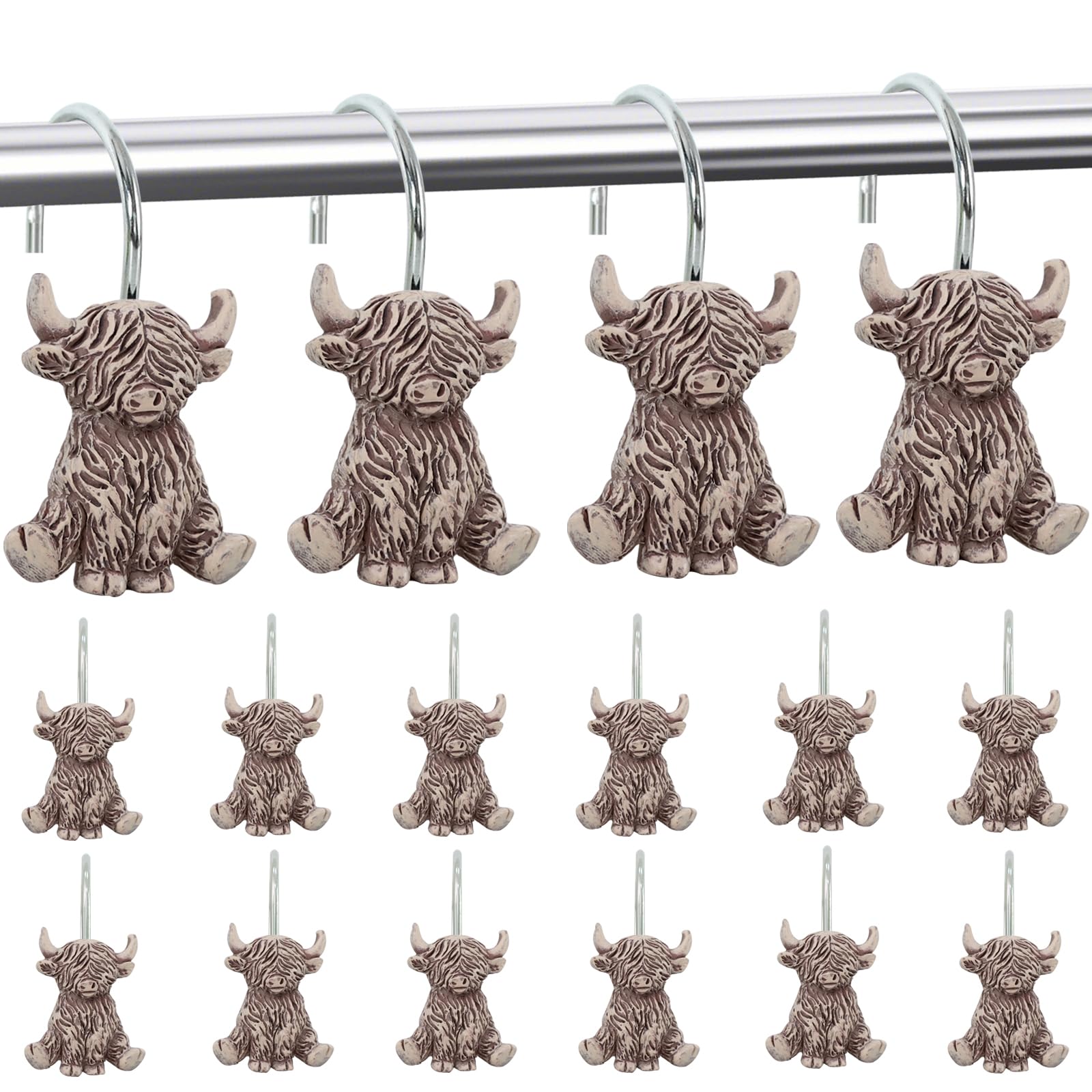 Crochets de rideau de douche vache des Highlands en acier inoxydable pour salle de bain rustique
