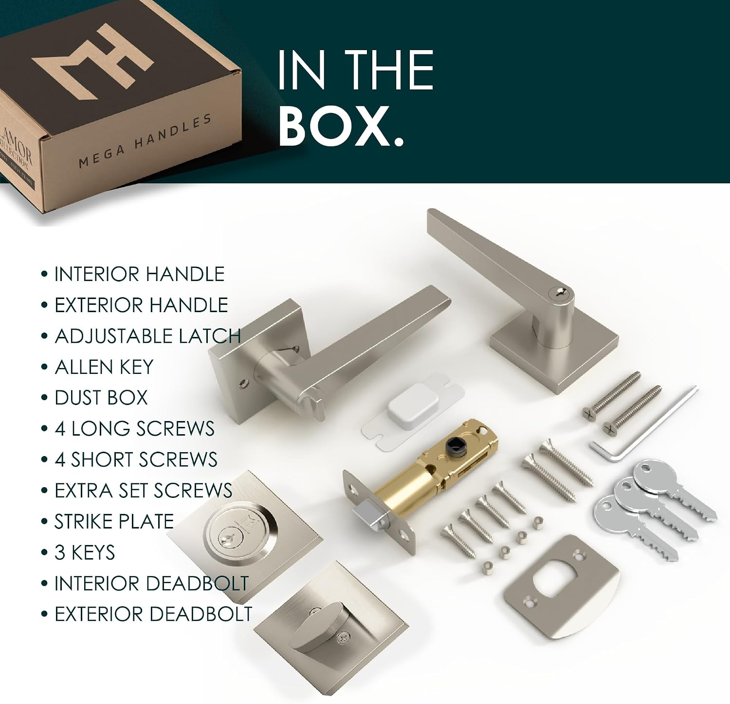 Mega Handles Schein Entry Door Handle & Deadbolt Lock - 1 Pack Reversible Heavy Duty Brushed Nickel Door Handles & Deadbolt for Interior/Exterior Doors, Fits All Standard Doors - Satin Nickel