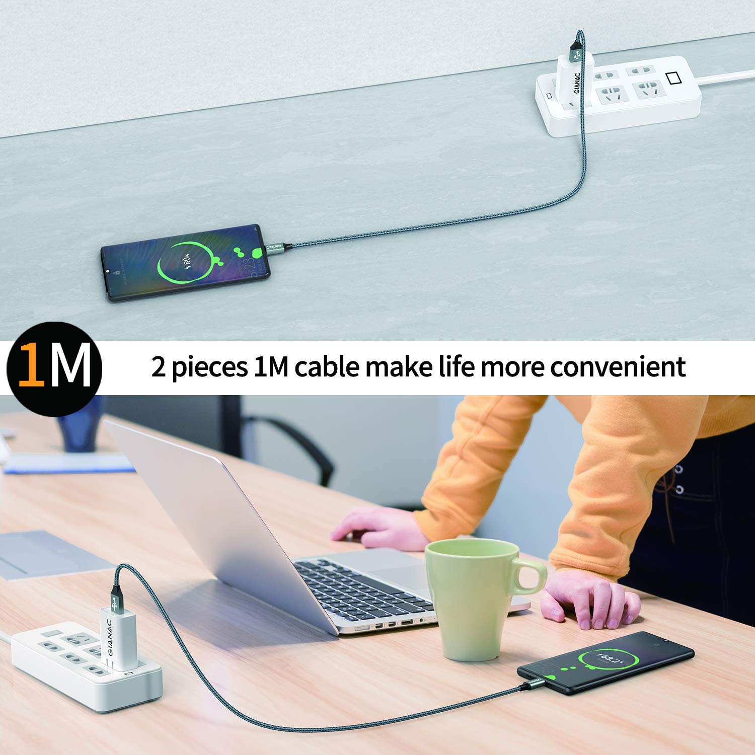 Cavo USB C, GIANAC [2Pezzi: 1m] 3.1A Cavo USB Type-C Nylon Caricatore Ricarica Rapida Cavo Tipo C per Samsung S8 S9 S10 A30 A40 A50 A70,Huawei P9 P20 P10 P30, Xiaomi,Sony,OnePlus