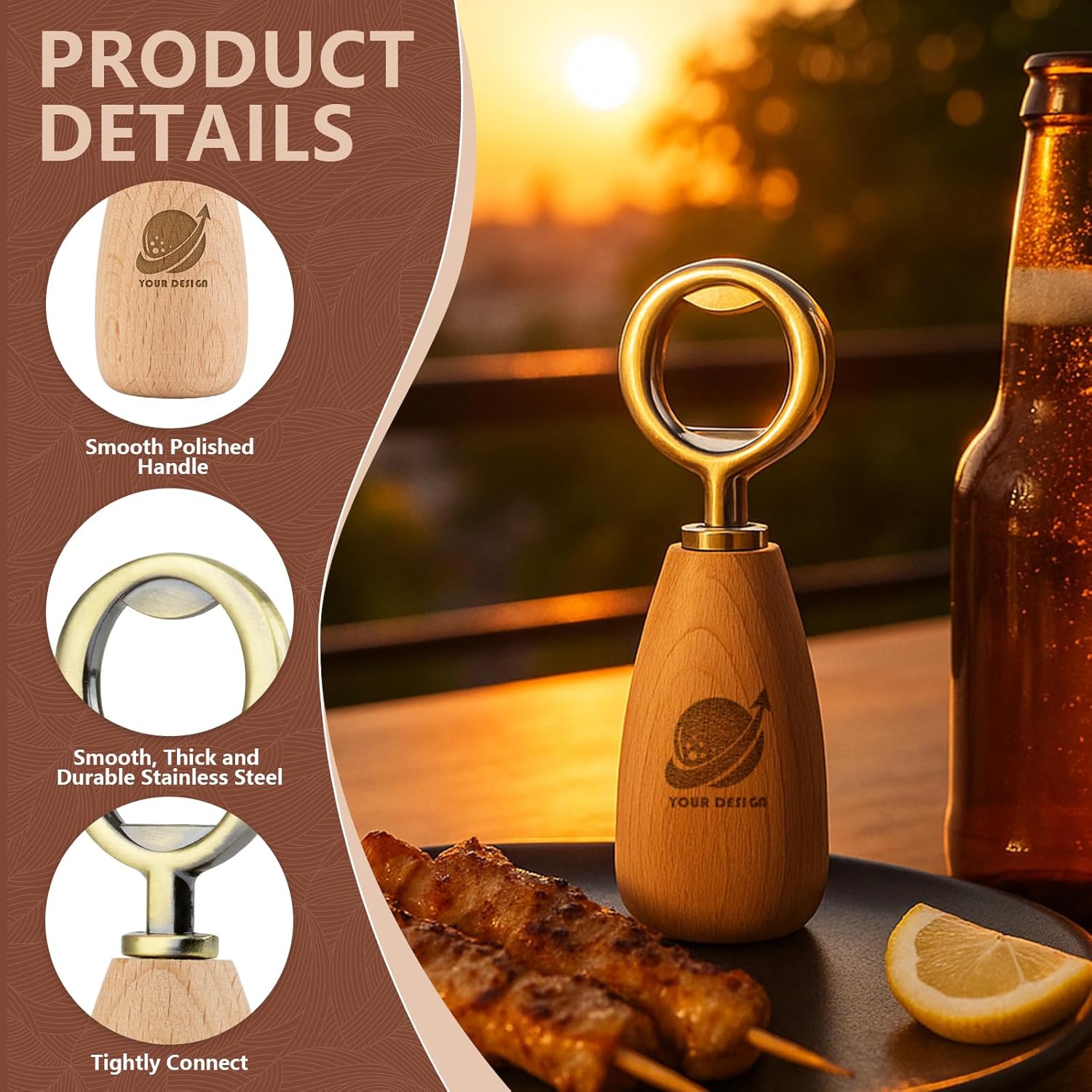 Apsire Custom Beech Wood Bottle Opener, Engraved Stainless Steel Opener with Wooden Handle, Wedding Beverage Opener - Small
