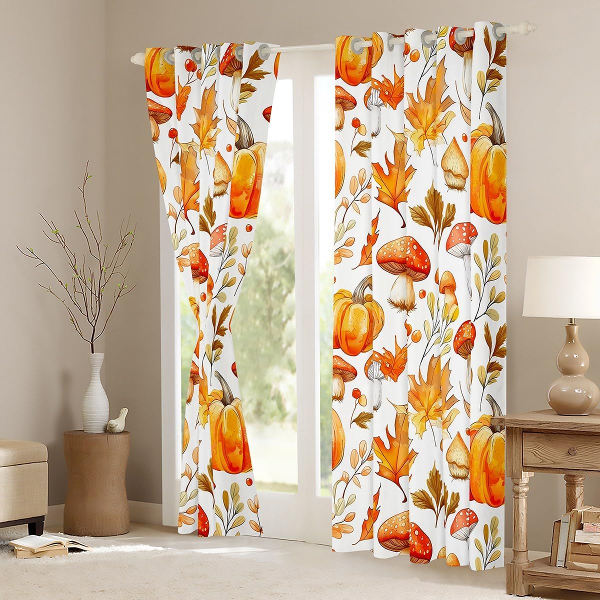 Erosebridal Thanksgiving Pumpkin Blackout Curtains for Living Room, Mushroom Botanica Window Curtains 2 Panels 52" Wx63 L, Maple Leaves Window Treatments Drapes Fall Home Decor Aesthetic Decor image 3