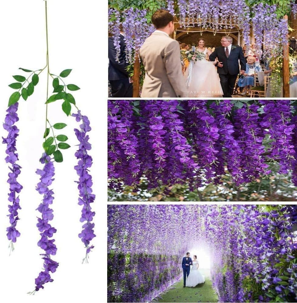 SZJH 12pcs 3.6 Feet/Piece Artificial Fake Wisteria Vine Ratta Hanging Garland Silk Flowers String Home Party Wedding Decor (Dark Purple) - Image 3