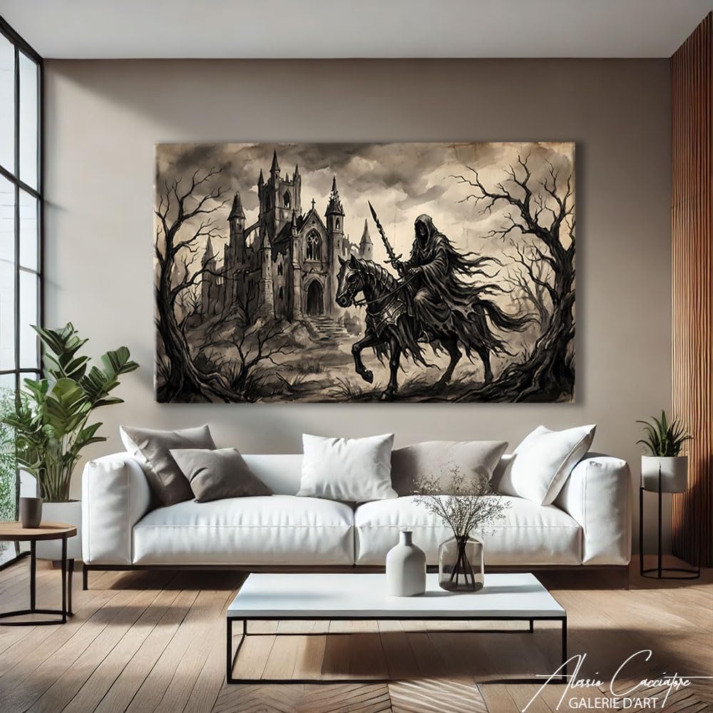 Alessio Cacciatore Quadro Cavaliere - Poster decorativo murale gotico - Stampa su tela in bianco e nero - Quadro cattedrale - Decorazione murale medievale - Deco Gaming Mural (40 x 30 cm)