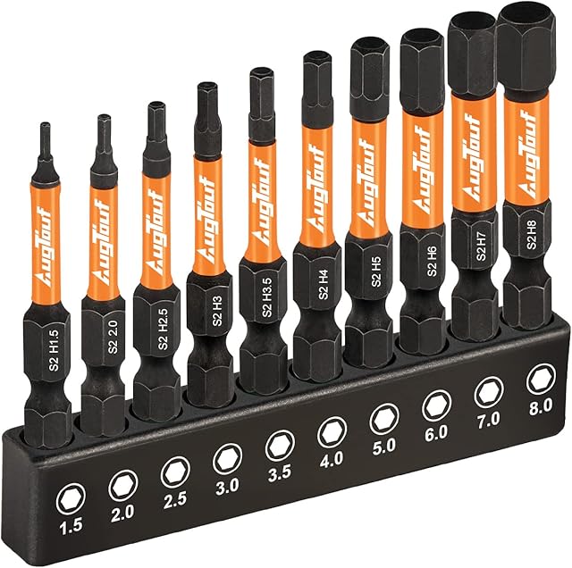 Augtouf Impact Hex Head Allen Wrench Drill Bit Set 10pcs (Metric), 1/4 Hex-Shank S2 Steel Hex Bits Set, CNC Machined Tips with Magnetism, 2 Long with Storage Box