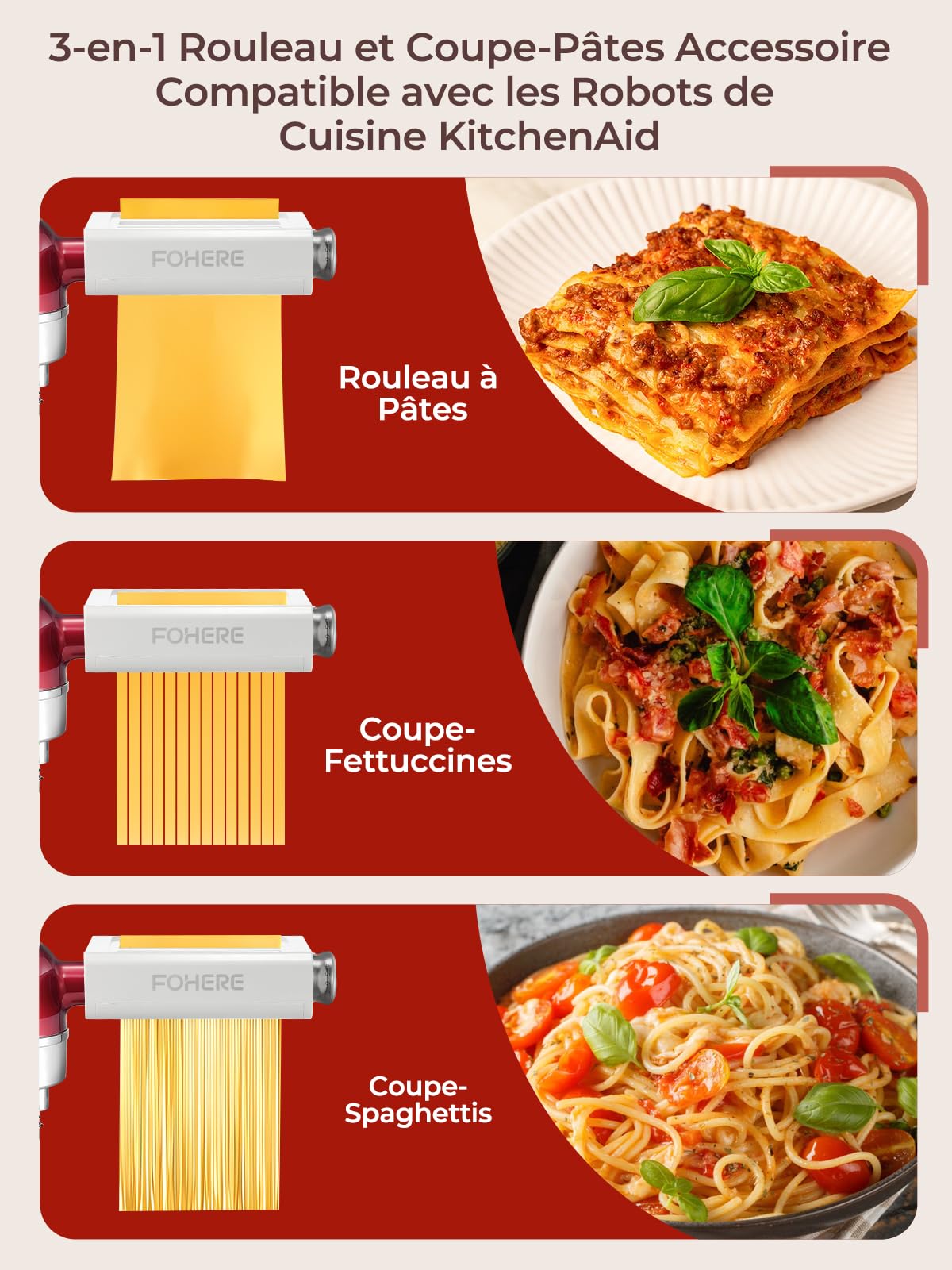 FOHERE 3-en-1 Accessoires pour Machine à Pâtes pour KitchenAid Robot Pâtissier, Comprend Rouleau à Pâtes, Coupe-Fettuccines, Coupe-Spaghettis et Brosse à Nettoyage (7 épaisseurs Réglables)